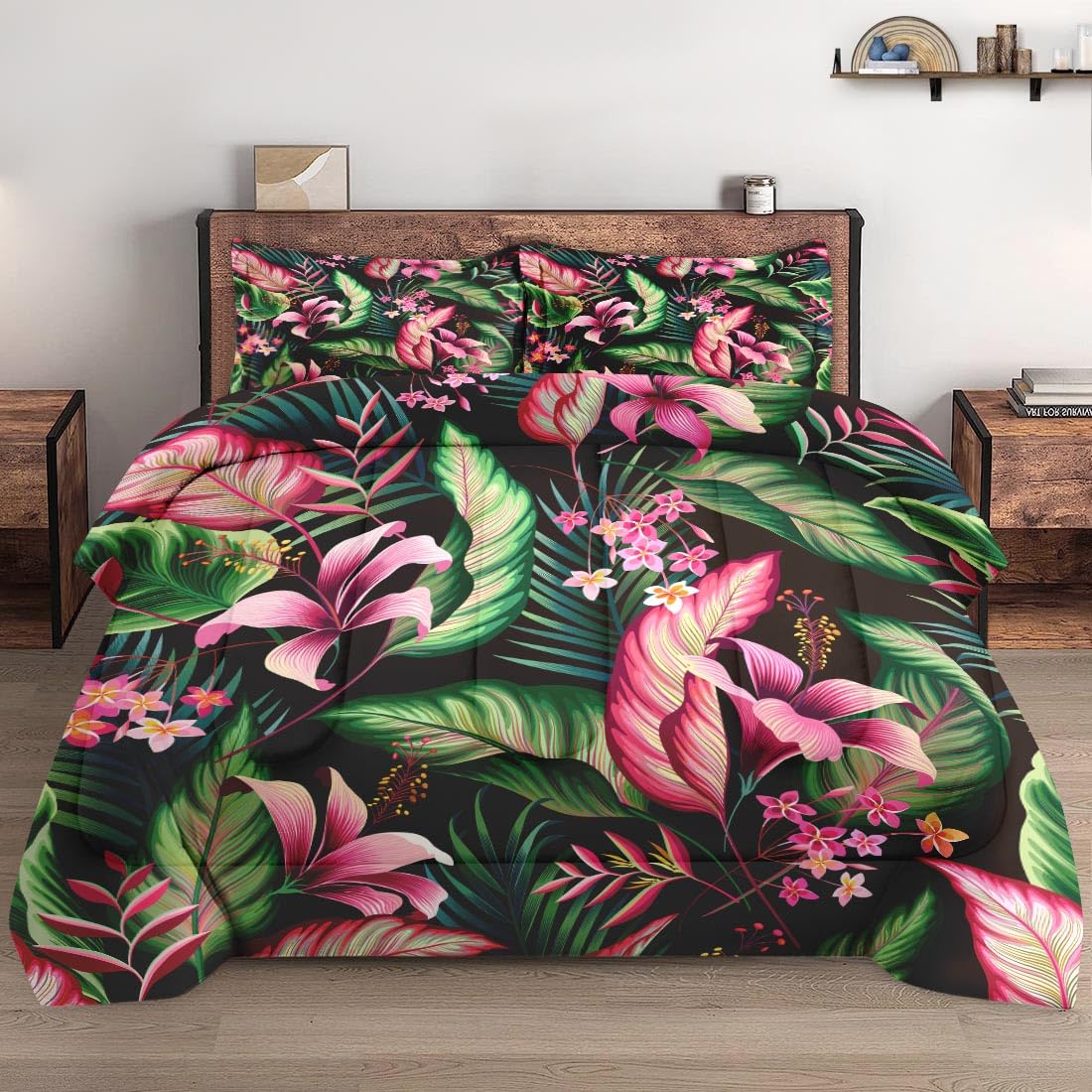 Wecozy King Size Comforter Set With 2 Pillowcases, Tropical Leaves Flower Hibiscus Soft 3 Pcs Bedding For Kids And Adults Bedroo