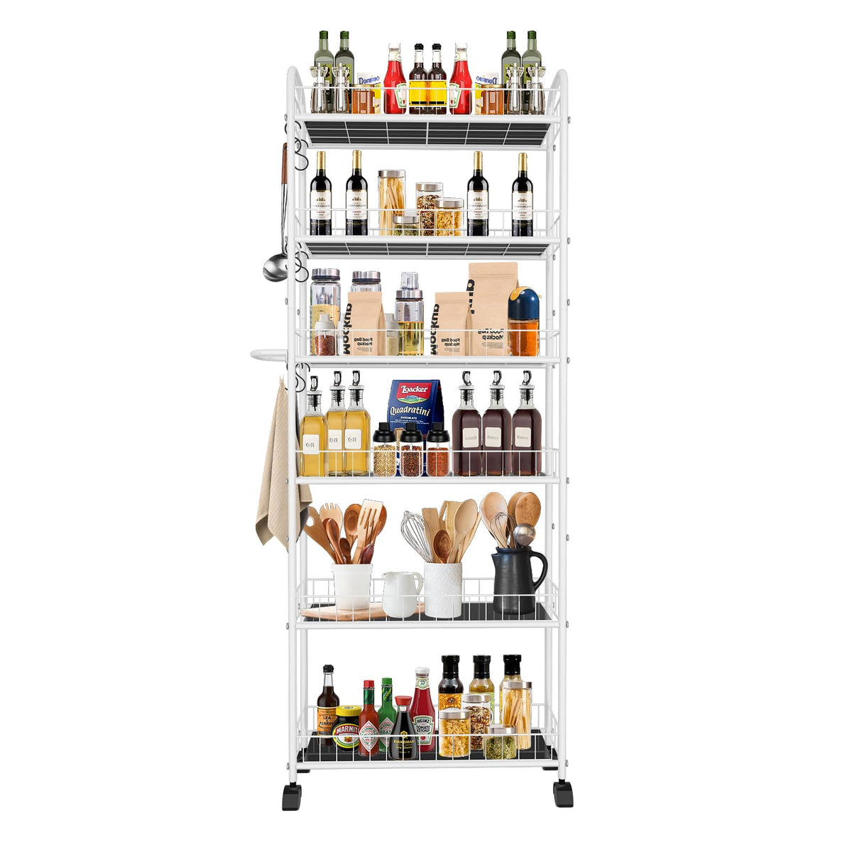 Seadasyoon 6 Tier 6In Slim Rolling Cart With Handle, White Mobile Shelving Unit With Wheels, Metal Wire Storage Rack With Basket