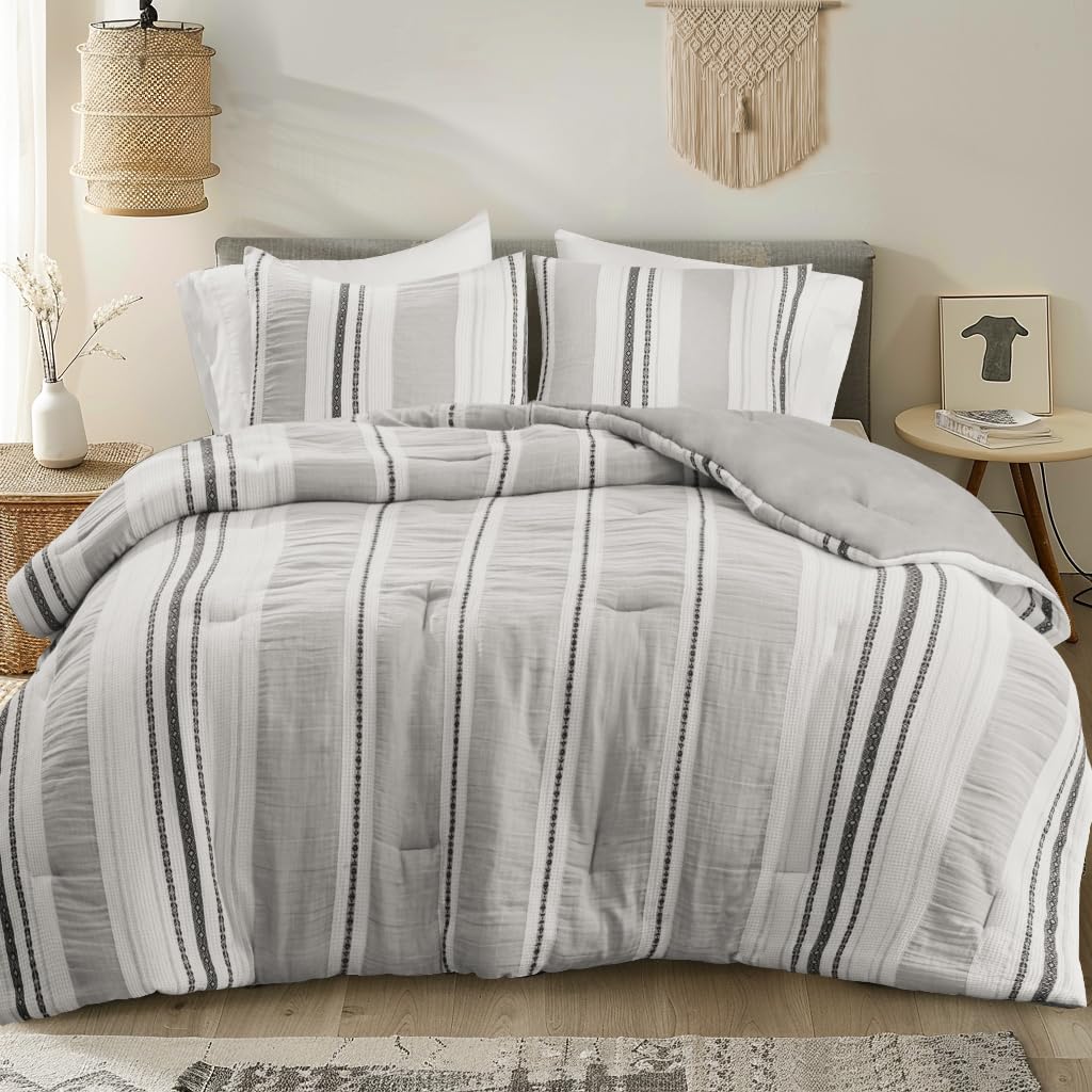 Hyde Lane Neutral Farmhouse Bedding Set, 3 Pieces Full/Queen Size Grey Comforter Sets, Cotton Top With Modern Rustic Style Strip
