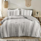 Hyde Lane Neutral Farmhouse Bedding Set, 3 Pieces Full/Queen Size Grey Comforter Sets, Cotton Top With Modern Rustic Style Strip