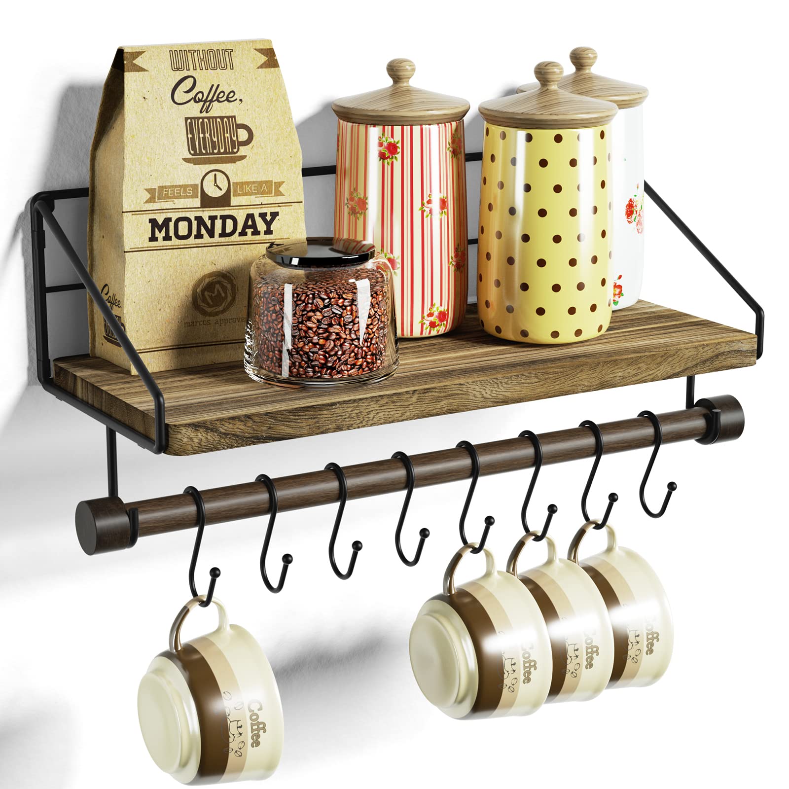 Alsonerbay Floating Shelves Wood Shelves for Wall, Rustic Wood Kitchen Shelf with Towel Bar and 8 Removable Hooks for Hanging Co