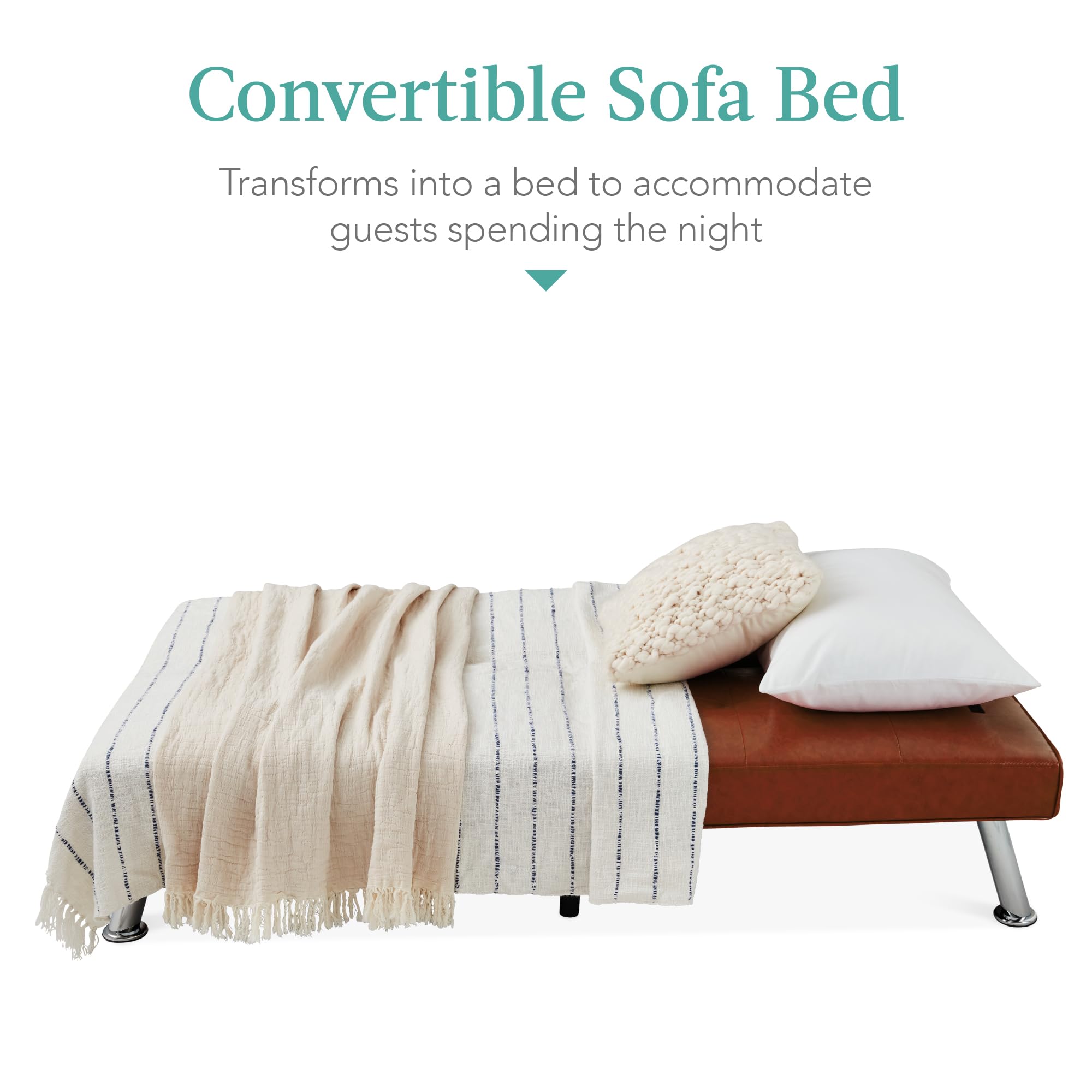 Best Choice Products Faux Leather Upholstered Modern Convertible Futon, Adjustable Folding Sofa Bed, Guest Bed W/Removable Armrests - Medium Brown