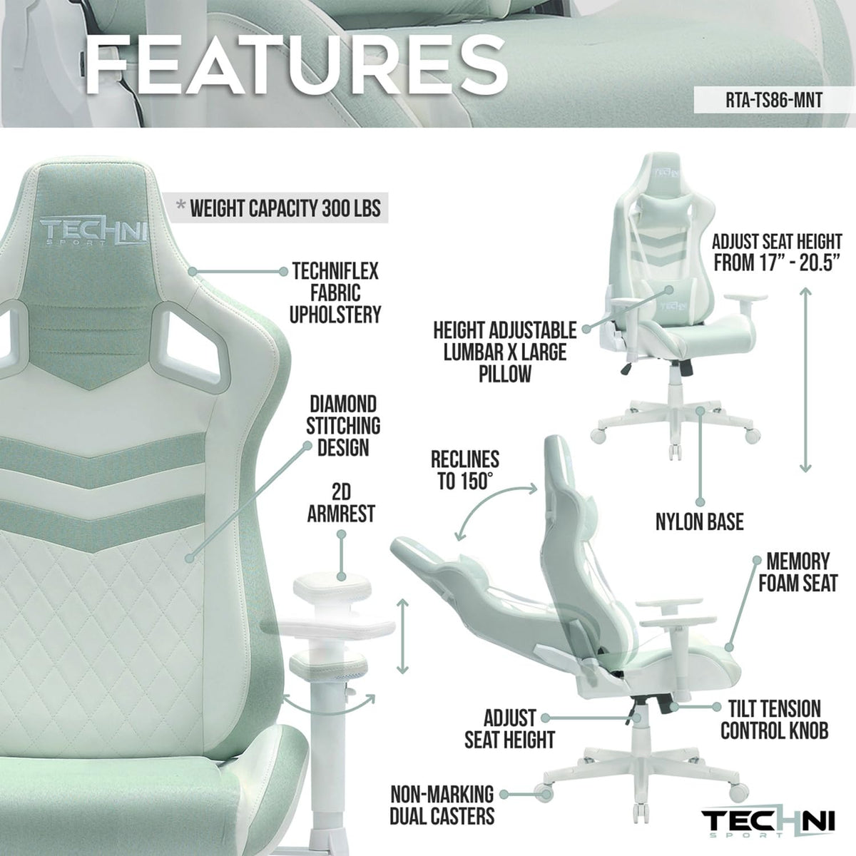 Techni Sport 17&quot; Modern Fabric Ergonomic Gaming Chair in Mint Green/White