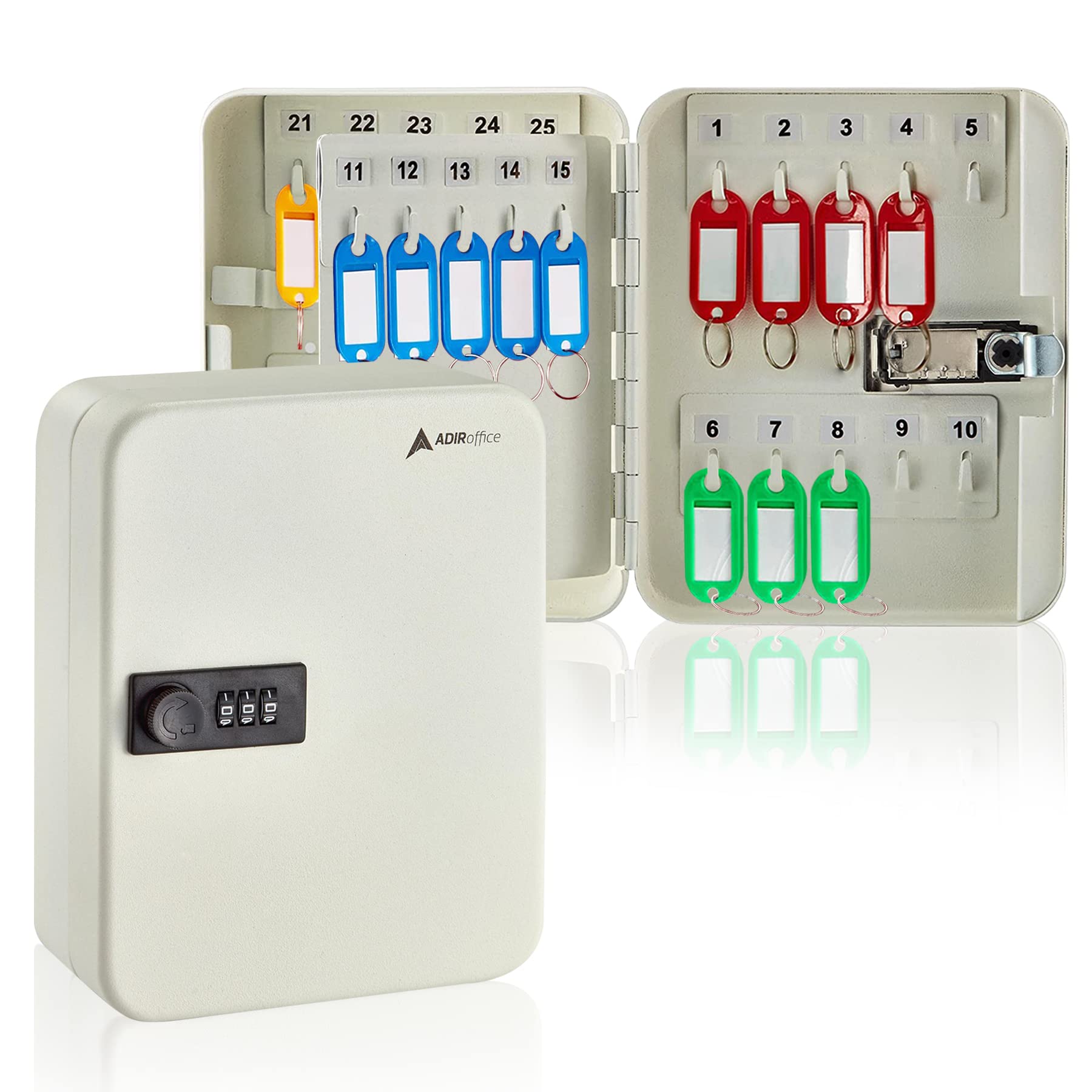 Adiroffice Key Lock Box - 30 Key Hooks Wall Mounted Key Cabinet Lock Box, Car Keys Holder Box, Lockable Key Storage Box - Metal