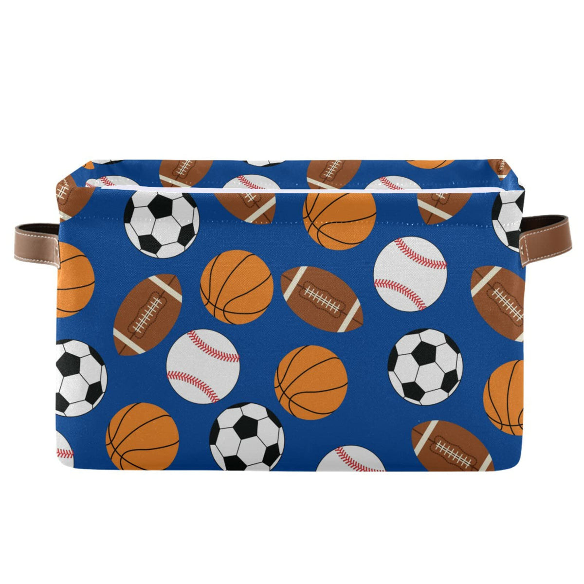 Rectangular Storage Basket Storage Bin - Sports Football Baseball Basketball Soccer Collapsible Storage Box with Leather Handles