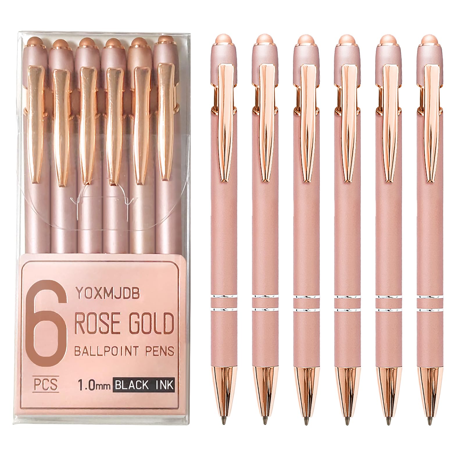 Yoxmjdb Ballpoint Pens, 6 Pack Rose Gold Metal Pens Black Ink Pens, 1.0Mm Medium Point Stylus Pens For Touch Screens, Cute Pens