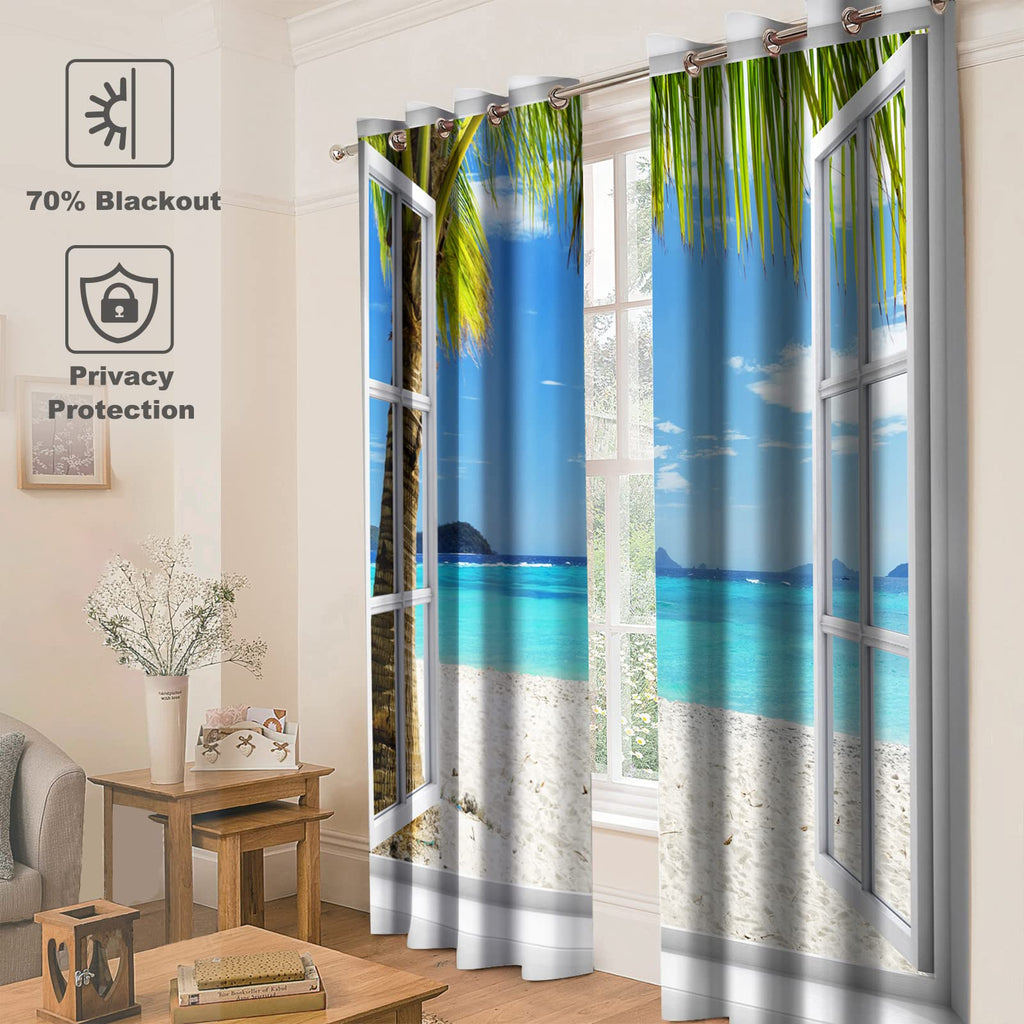 Jekeno Ocean Beach Palm Trees Blackout Curtains Summer Tropical Island Decor For Bedroom Living Room Seaside White Wooden Window
