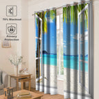 Jekeno Ocean Beach Palm Trees Blackout Curtains Summer Tropical Island Decor For Bedroom Living Room Seaside White Wooden Window