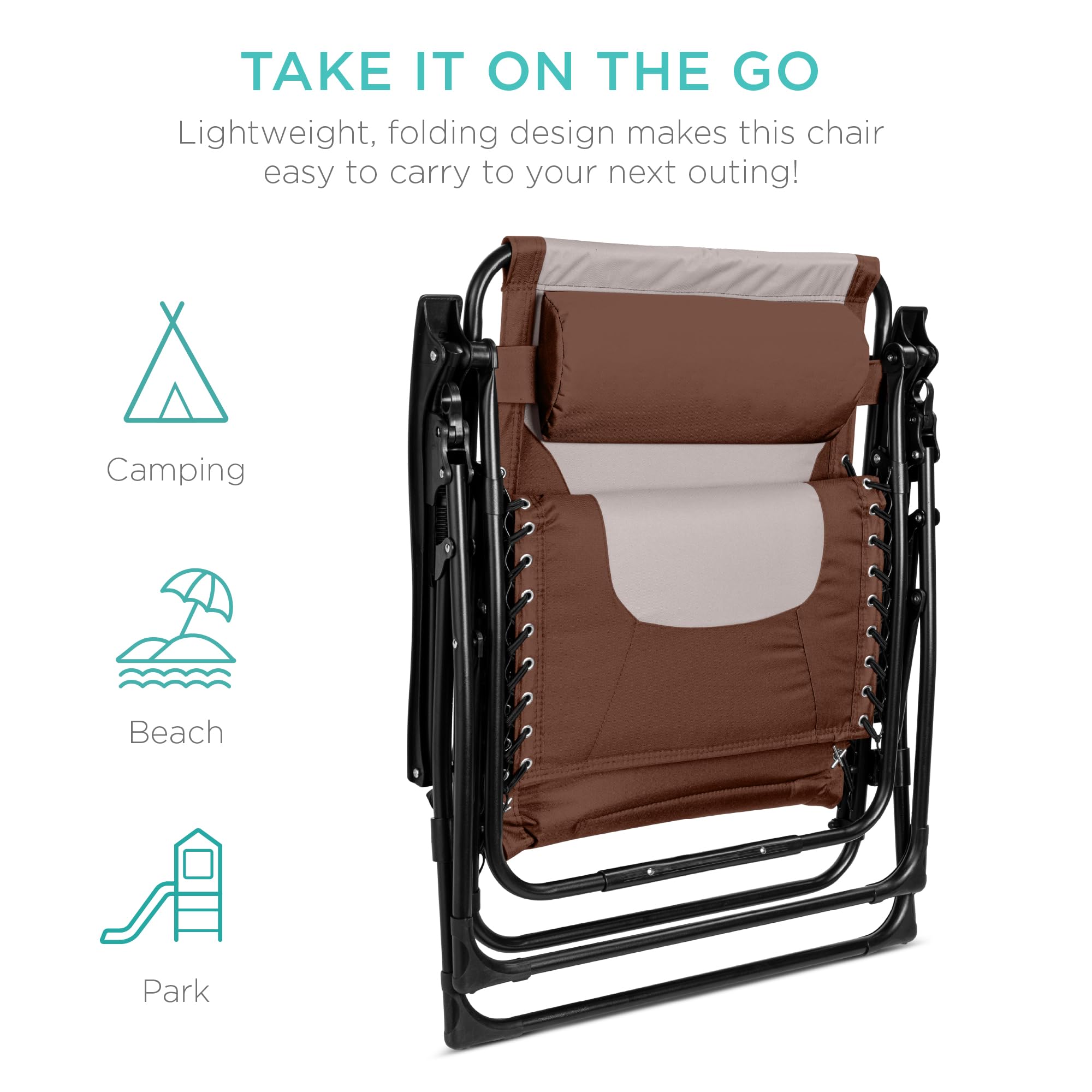 Best Choice Products Oversized Padded Zero Gravity Chair, Folding Outdoor Patio Recliner, Xl Anti Gravity Lounger For Backyard W/Headrest, Cup Holder, Side Tray, Polyester Mesh - Brown/Oyster