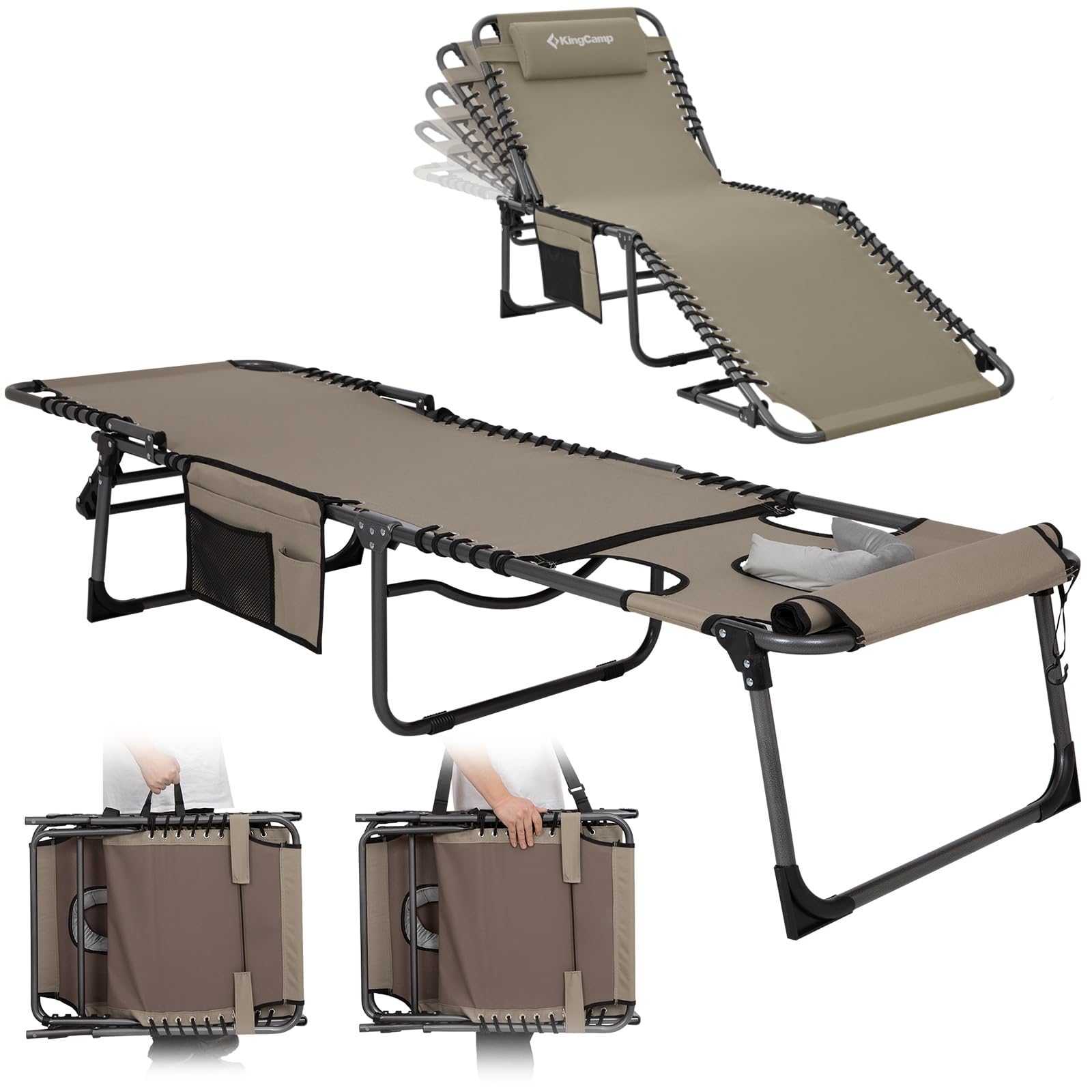 KingCamp Tanning Chair with Face Hole, Lounge Chairs Outdoor Folding Comfy Adjustable 5-Position Lay Flat Foldable Chaise Chaser
