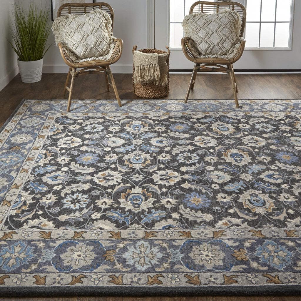 HomeRoots 514830 8 x 10 ft. Taupe Blue & Ivory Wool Floral Hand Tufted Handmade Stain Resistant Rectangle Area Rug