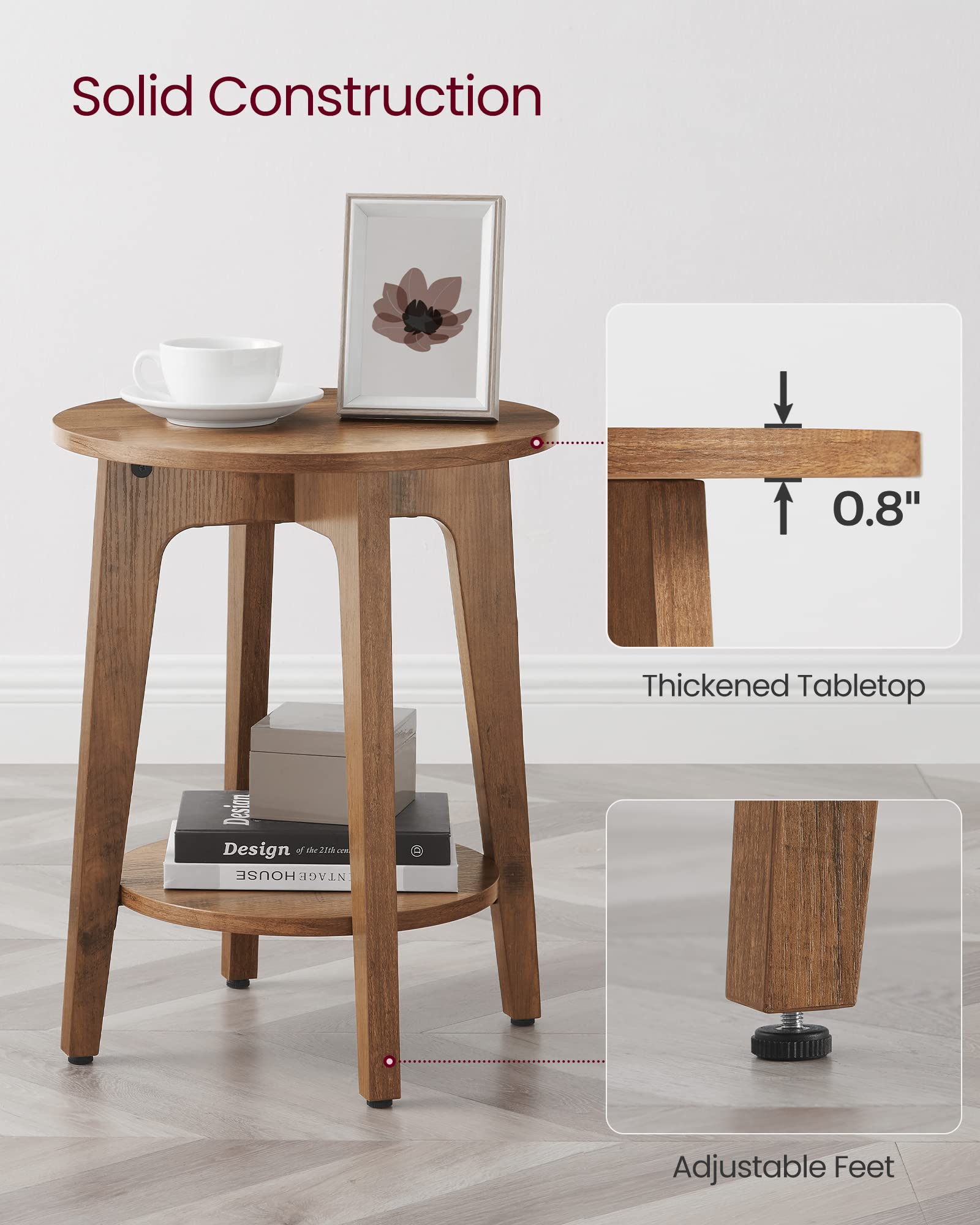 VASAGLE Set of 2 Round Side Tables Rustic Walnut Engineered Wood 15.8"Dia.