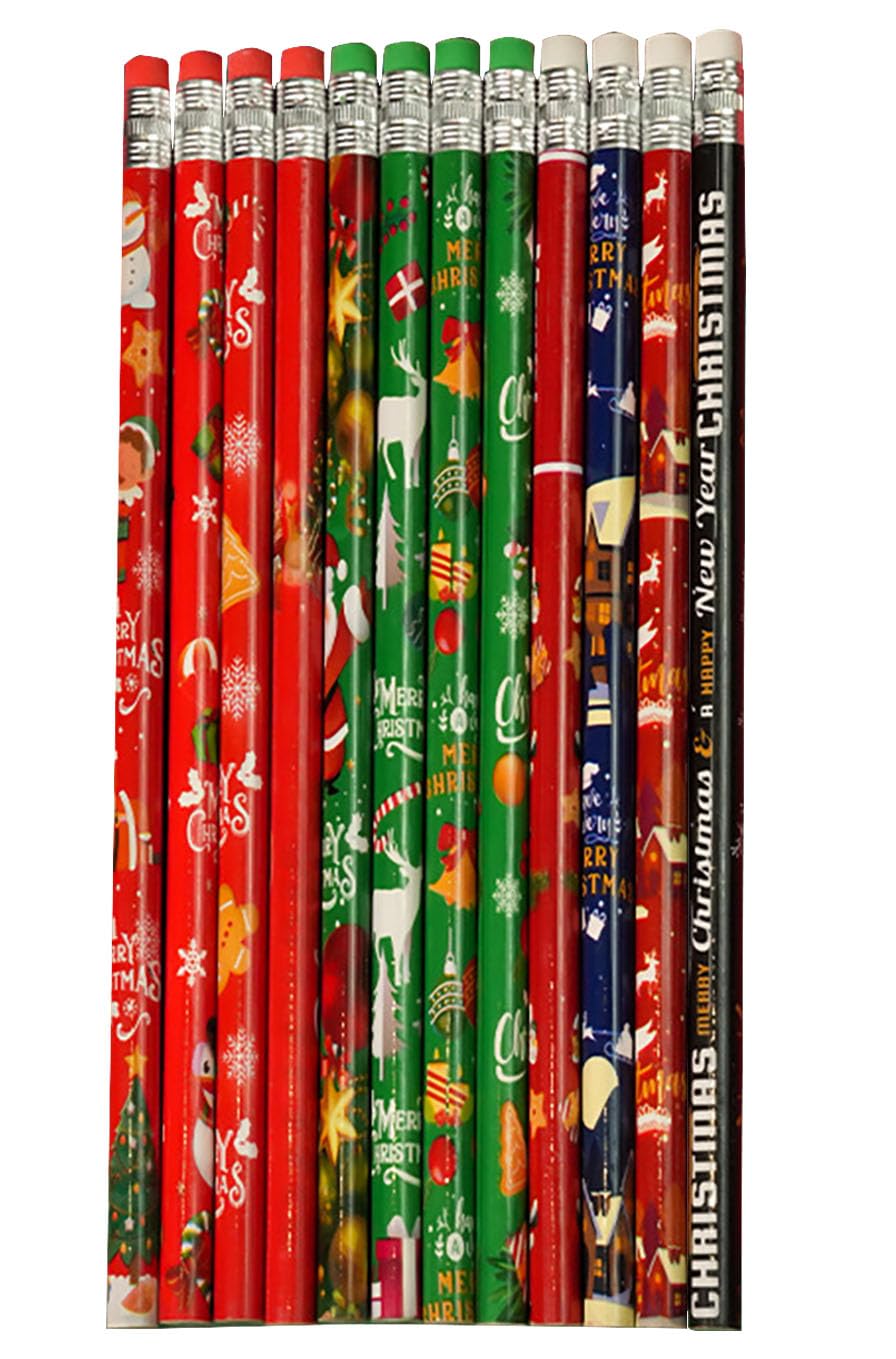 YYaaloa 12 Pcs Wooden Pencil with Eraser Christmas Colorful Pencils Novelty Pencils Fun School Supplies Holiday Gift Office Scho