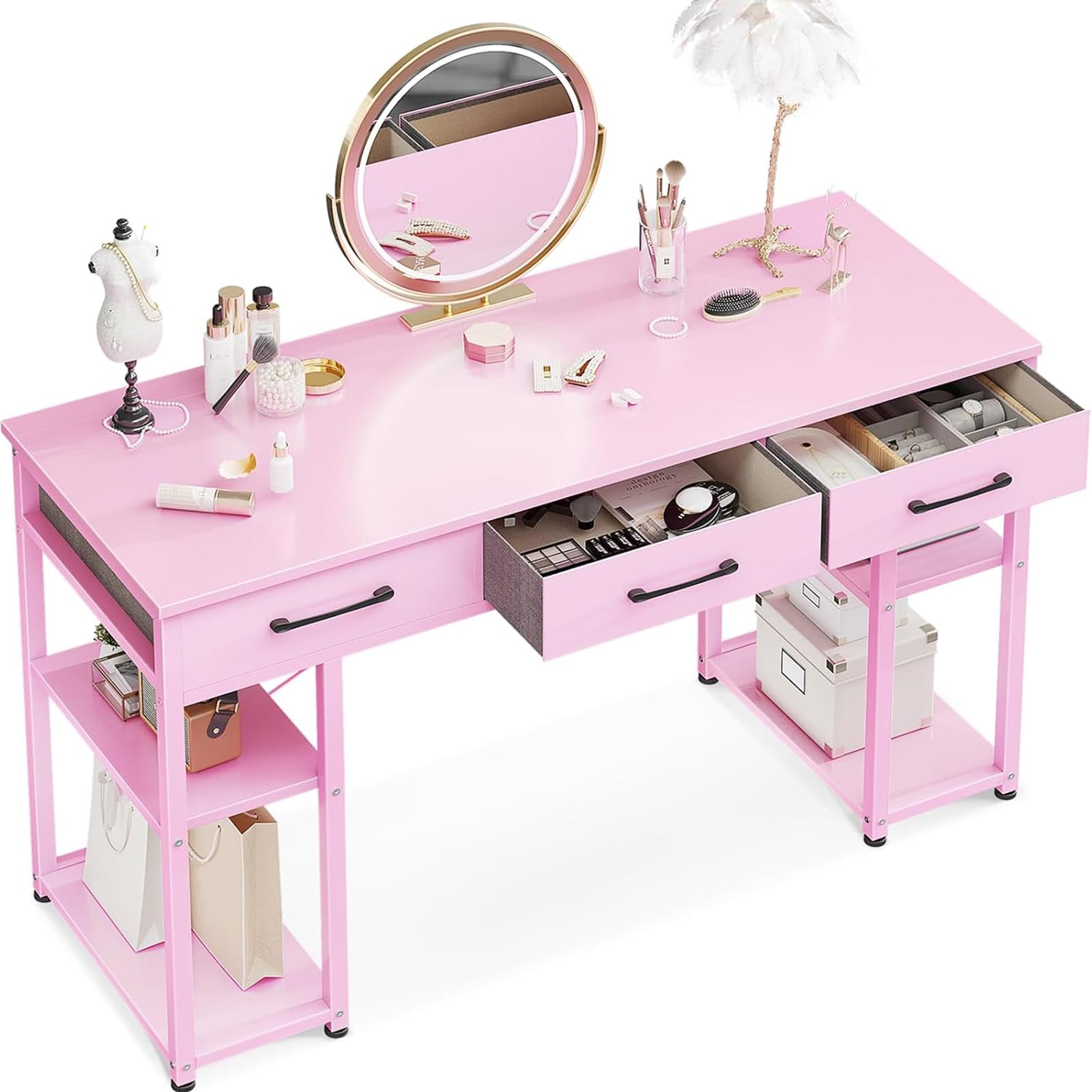 Odk Vanity Desk With Fabric Drawers & Storage Shelves, Makeup Dressing Table, Home Office Desks For Bedroom, Modern Simple Writing Desk,Pink, 48'X16' (No Mirror