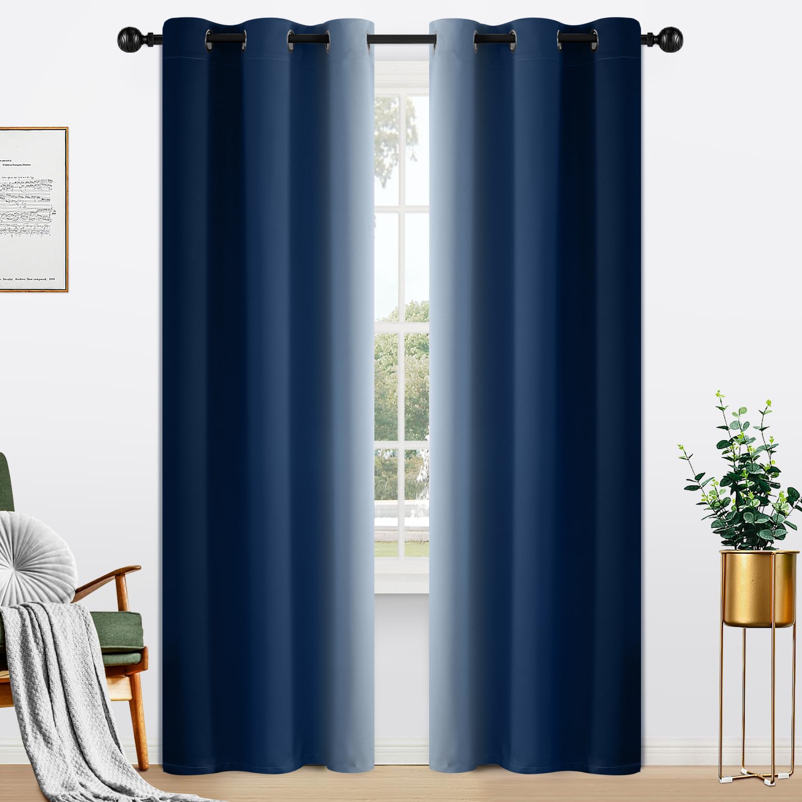 Yakamok Light Blocking Ombre Curtains, Greyish White And Blue Gradient Color Curtains, Room Darkening Grommet Window Drapes For