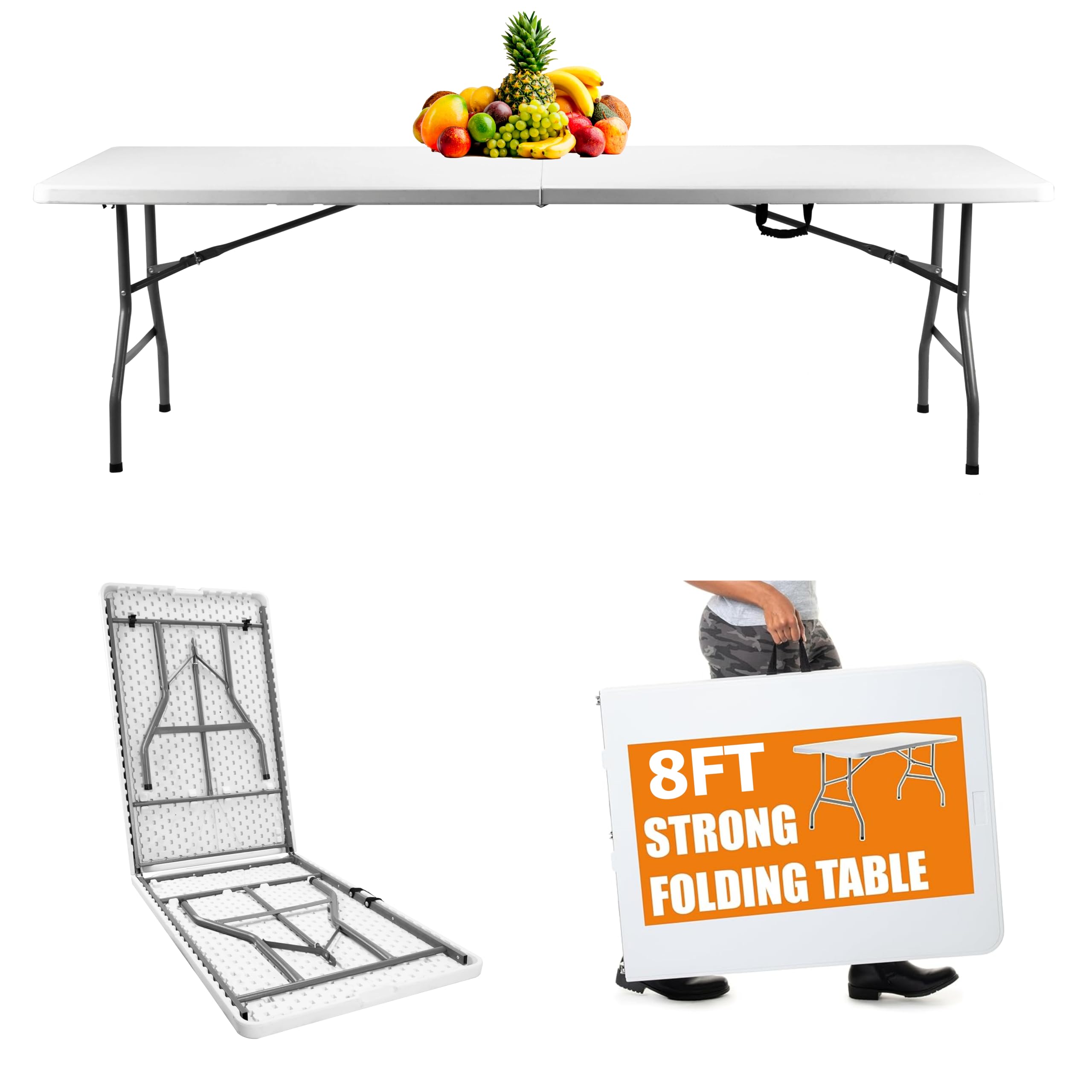 Vtoy 8Ft(30'' X 96'') Folding Table, Indoor Outdoor Heavy Duty Picnic Table With Carrying Handle,Plastic Fold Up Table For Picni