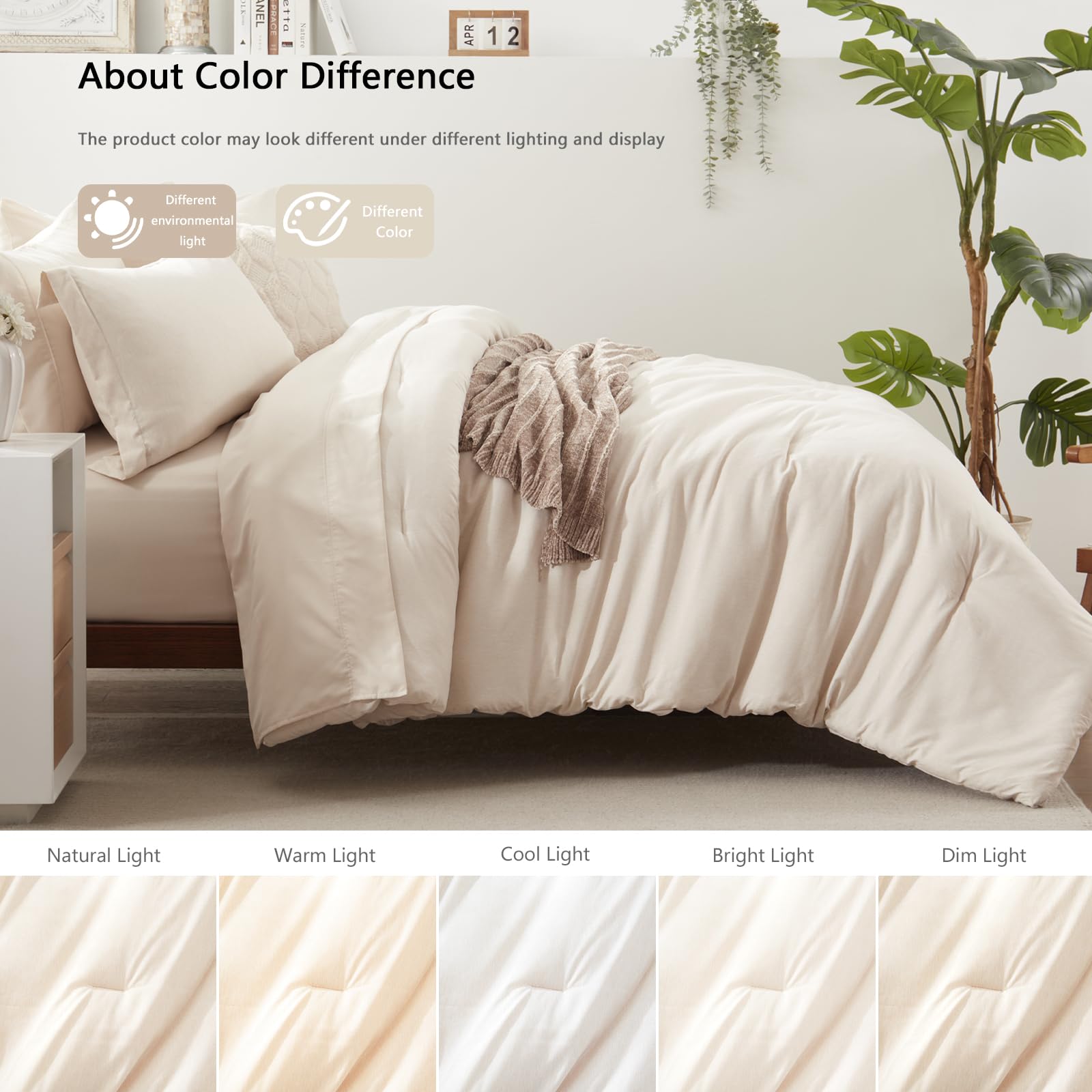 Unilibra King Comforter Set 7 Pieces Bed In A Bag - Beige King Soft Bedding Set For All Seasons - Cationic Dyeing Bed Comforter Sets With Comforter, Flat Sheet, Fitted Sheet, Pillowcases & Shams