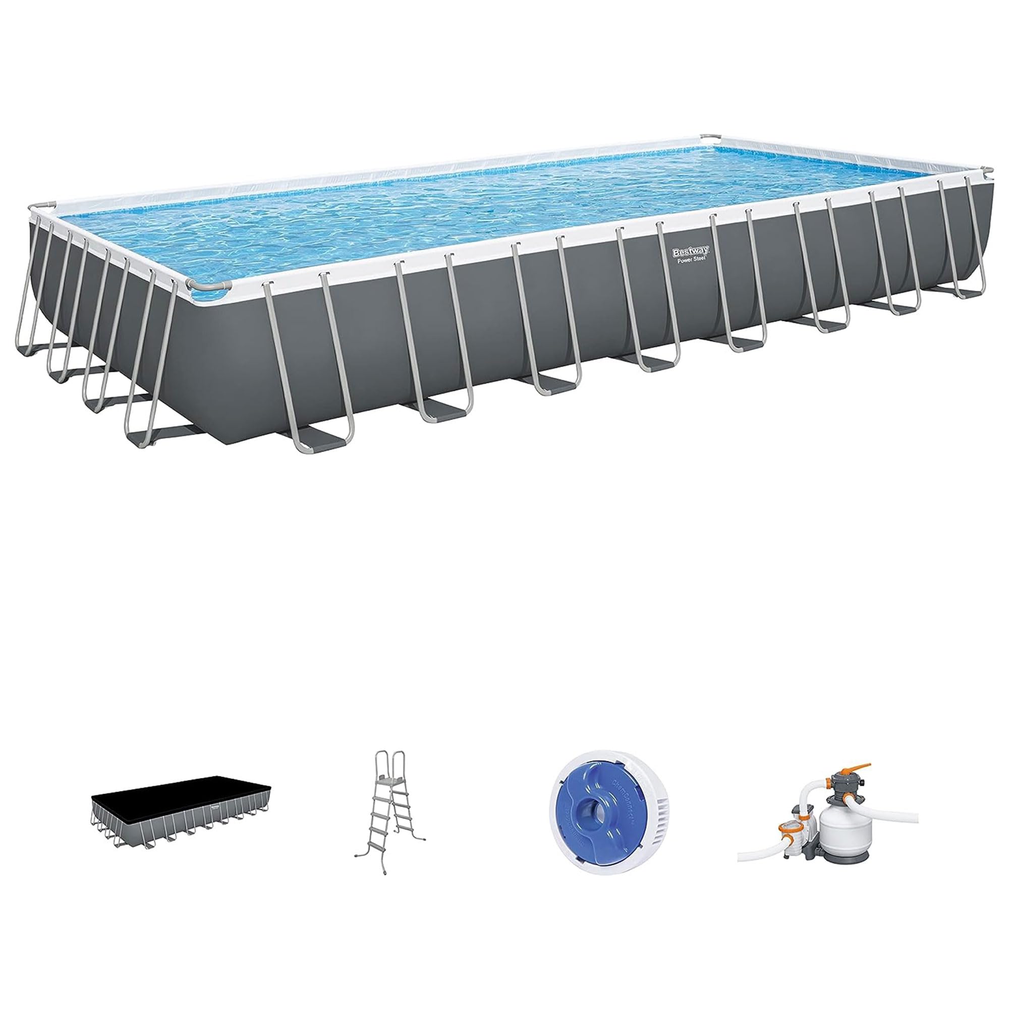 Bestway Power Steel 31' 4' X 16' X 52' Rectangular Metal Frame Above Ground Swimming Pool Set With 2,200 Gph Filter Pump, Ladd