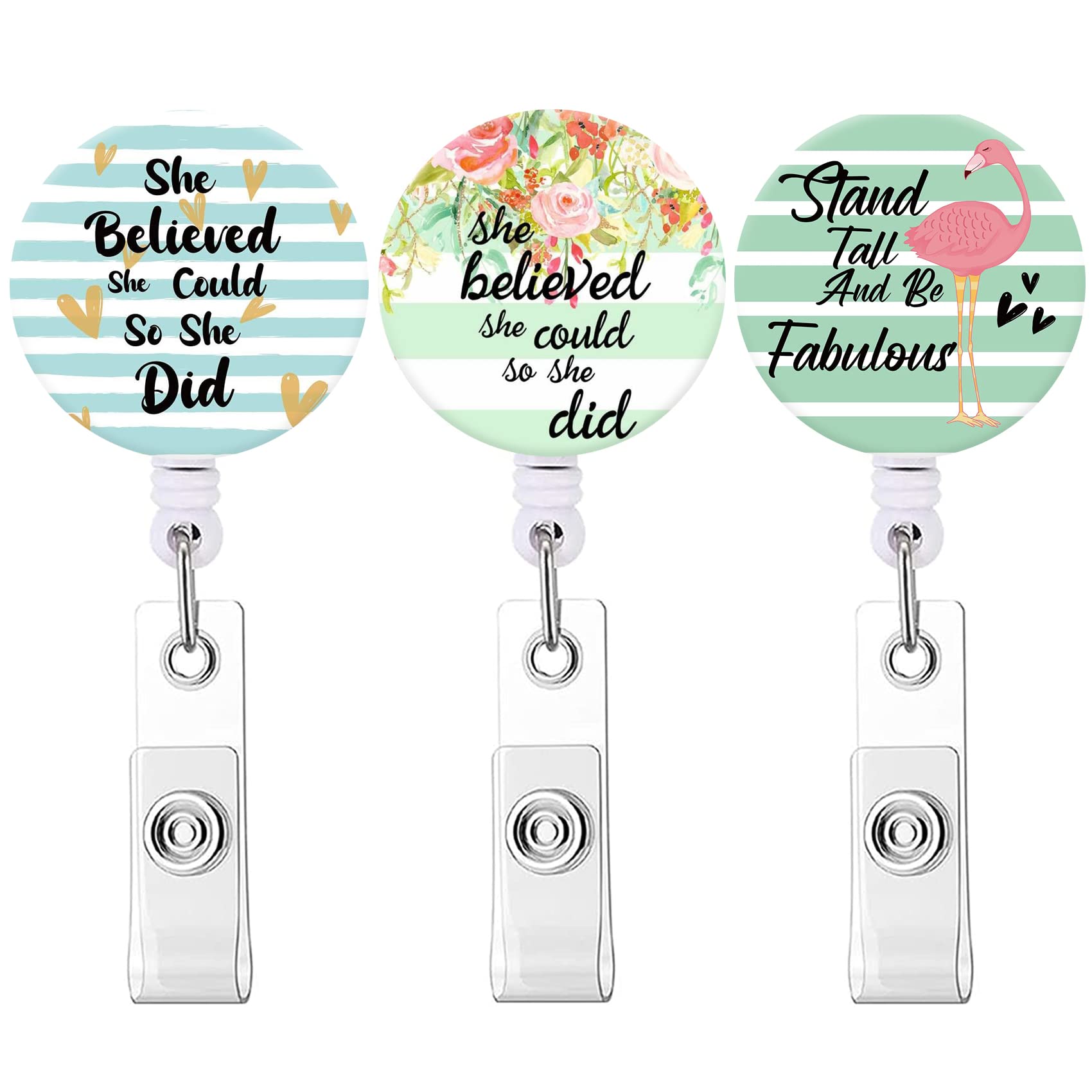 Badge Reel Retractable Nurse Badge Holder Cute Name Decorative Badge Reels With Clip On Id Card Holders (3 Pack She Believed She