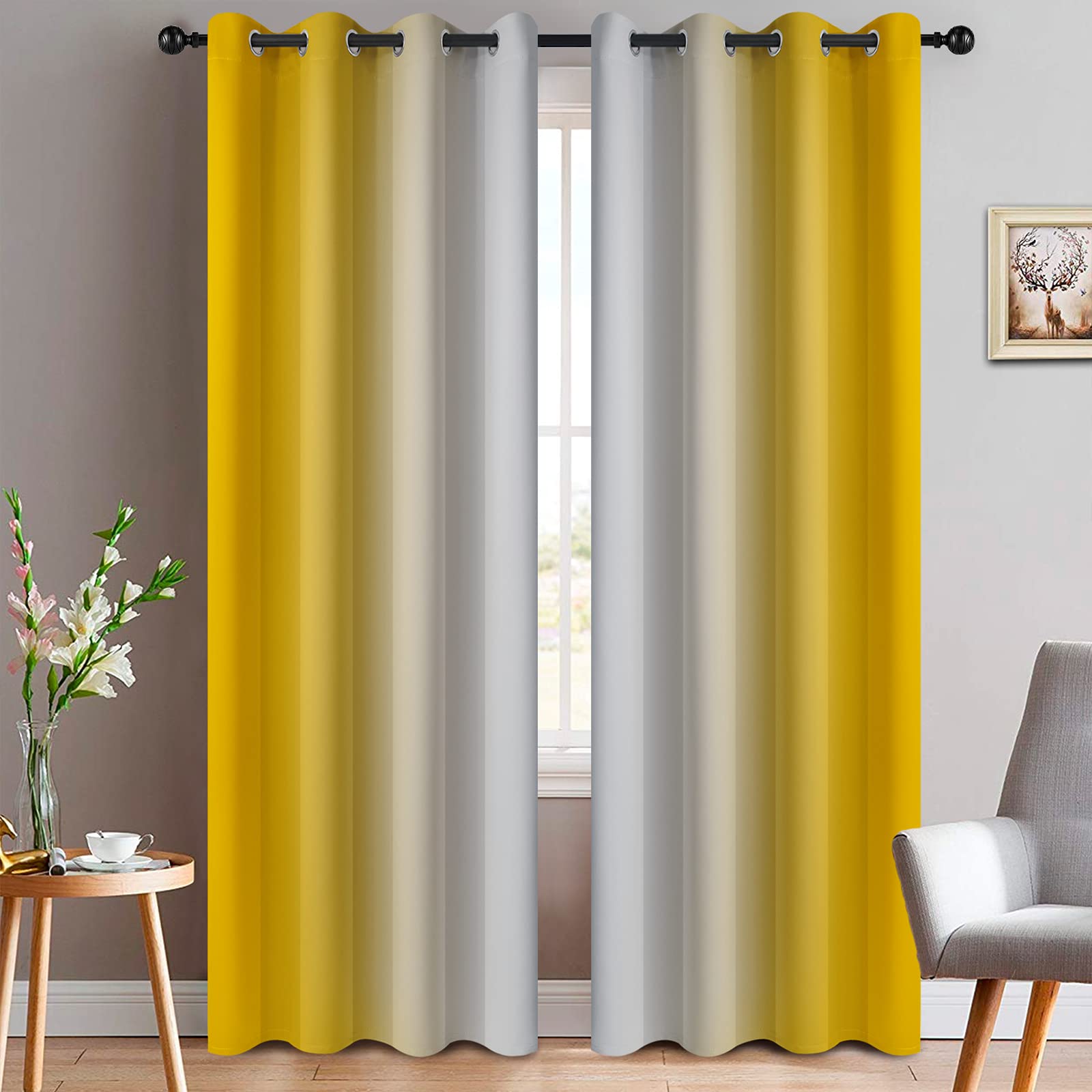 Yakamok Yellow Ombre Curtains 84 Inches Long, Light Blocking Gradient Color Curtain Panels, Room Darkening Grommet Window Drapes
