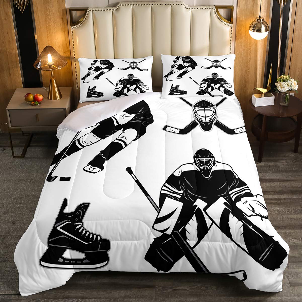 Erosebridal Ice Hockey Comforter Set, Ice Hockey Player Bedding Set Full, Winter Sports Game Duvet Set, Black White Quilt Set Ca