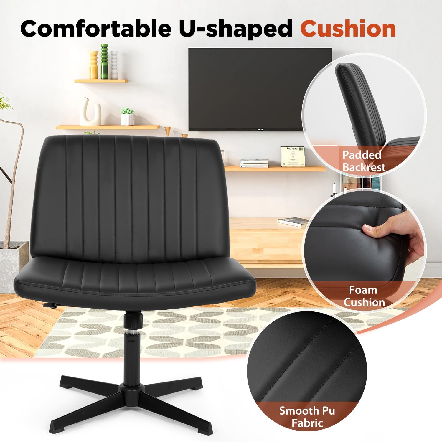 Paylesshere Criss Cross Chair,Armless Cross Legged Office Chair,Wide Comfty Desk Chair With No Wheels Modern Height Adjustable,Swivel Fabric Vanity Chair Computer Task Chair (Pack Of 1, Black)