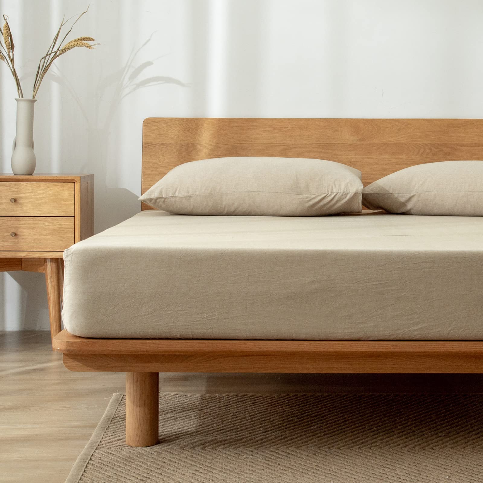 Tiptoe Bear Fitted Bed Sheets 100% Washed Cotton Ultra Soft Slightly Wrinkle Linen Feel Breathable Deep Pocket, 1 Fitted Sheet O