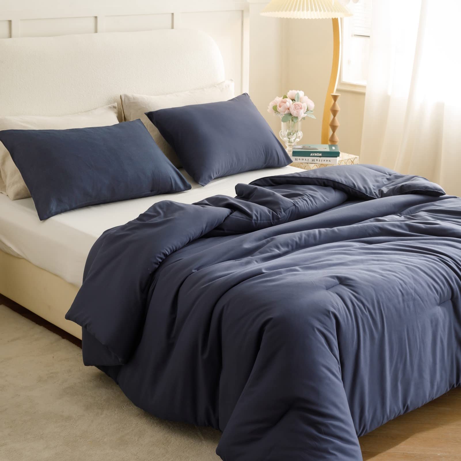 Rosgonia California King Comforter Set Navy Blue,3Pcs(1 Boho Cal King Comforter & 2 Pillowcases) All Season Bedding Soft Bedspre