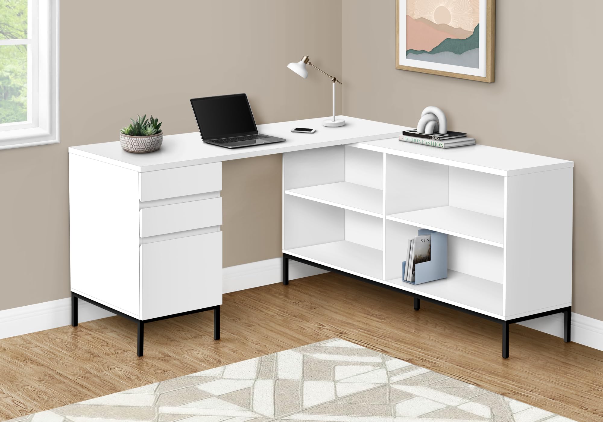Monarch Specialties 7494 Computer Desk, Home Office, Corner, Storage Drawers, 60' Shape, Work, Laptop, Metal, Laminate, White, Black, Contemporary, Modern Desk-60, 60' L x 60' W x 31' H