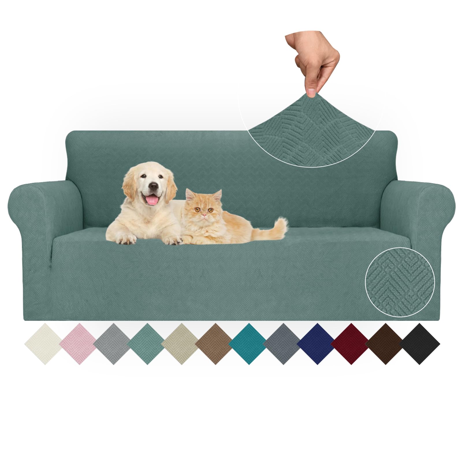 Jiviner Stretch Sofa Covers 1 Piece Couch Covers For 3 Cushion Couch Sofa, 3 Seater Sofa Slipcovers Furniture Protector With Elastic Bottom For Kids, Pets (Pea Green, Sofa)