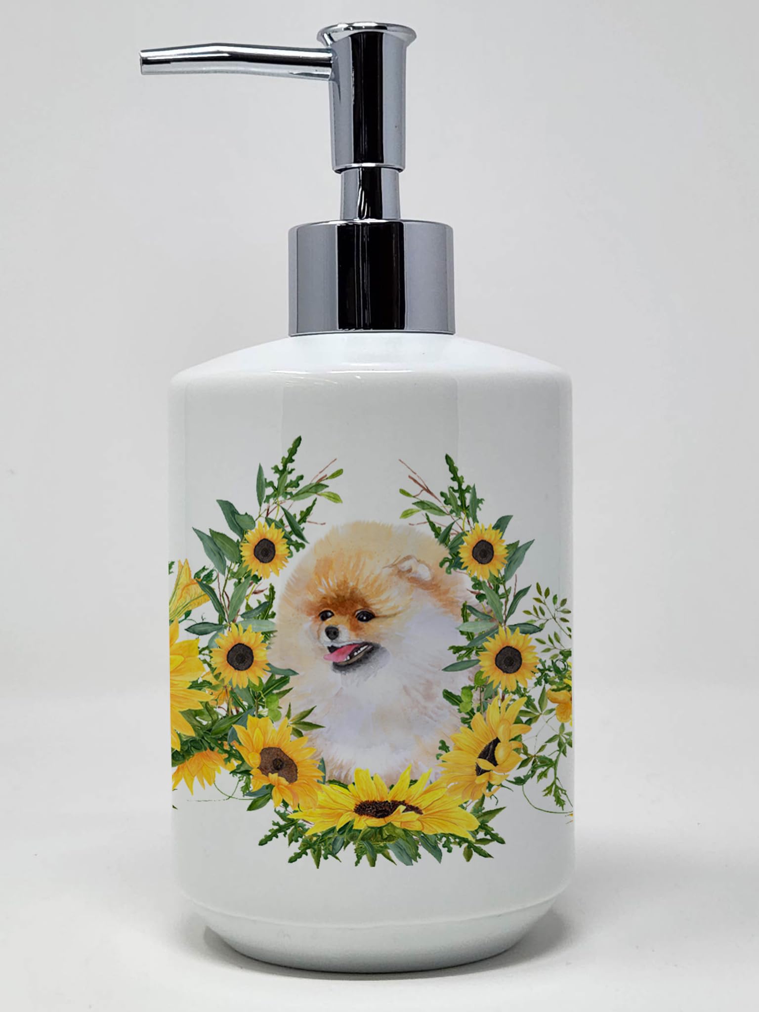 Caroline's Treasures CK2874SOAP Pomeranian in Sunflowers Ceramic Soap Dispenser Hand Soap Dispenser Pump Bottles for Bathroom Ki