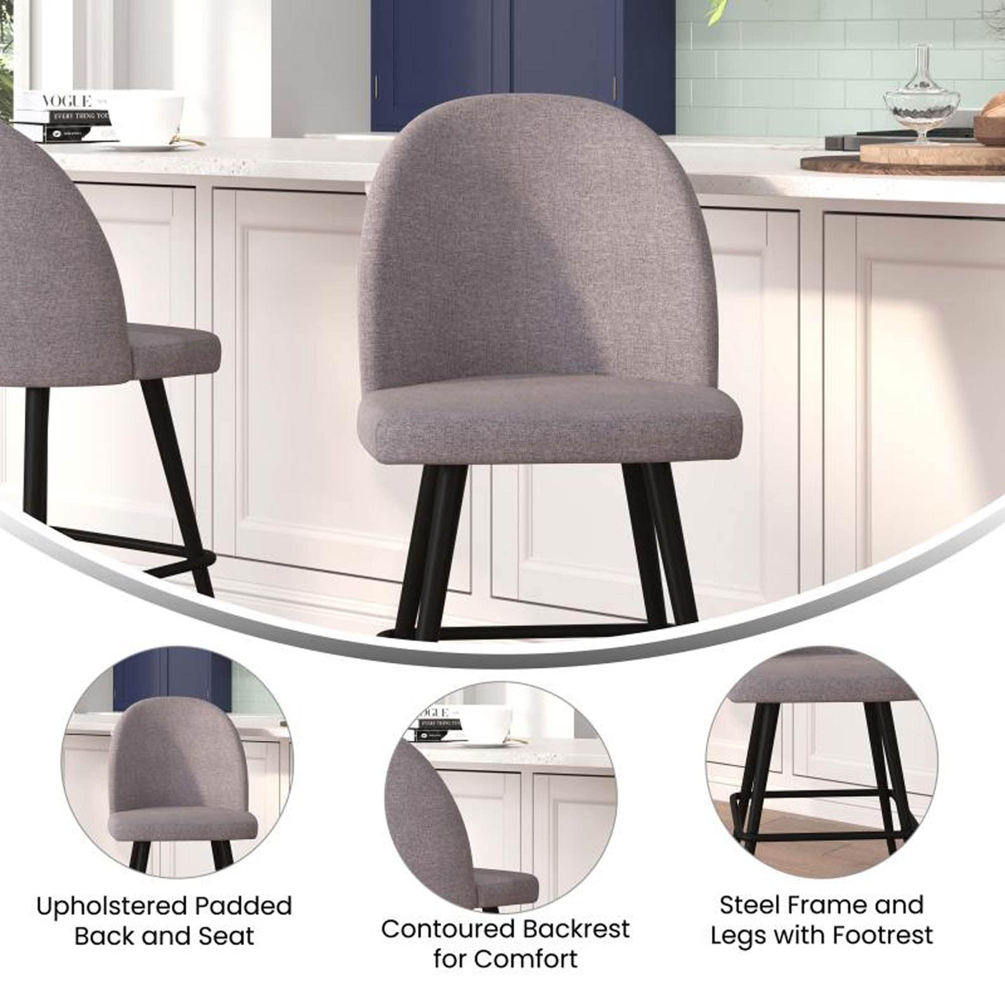 Flash Furniture Lyla Commercial Grade Modern Armless Counter Stools-Gray Faux Linen Upholstery-26&quot; Barstool-Contoured Backrest-Steel Frame & Footrest-Set of 2