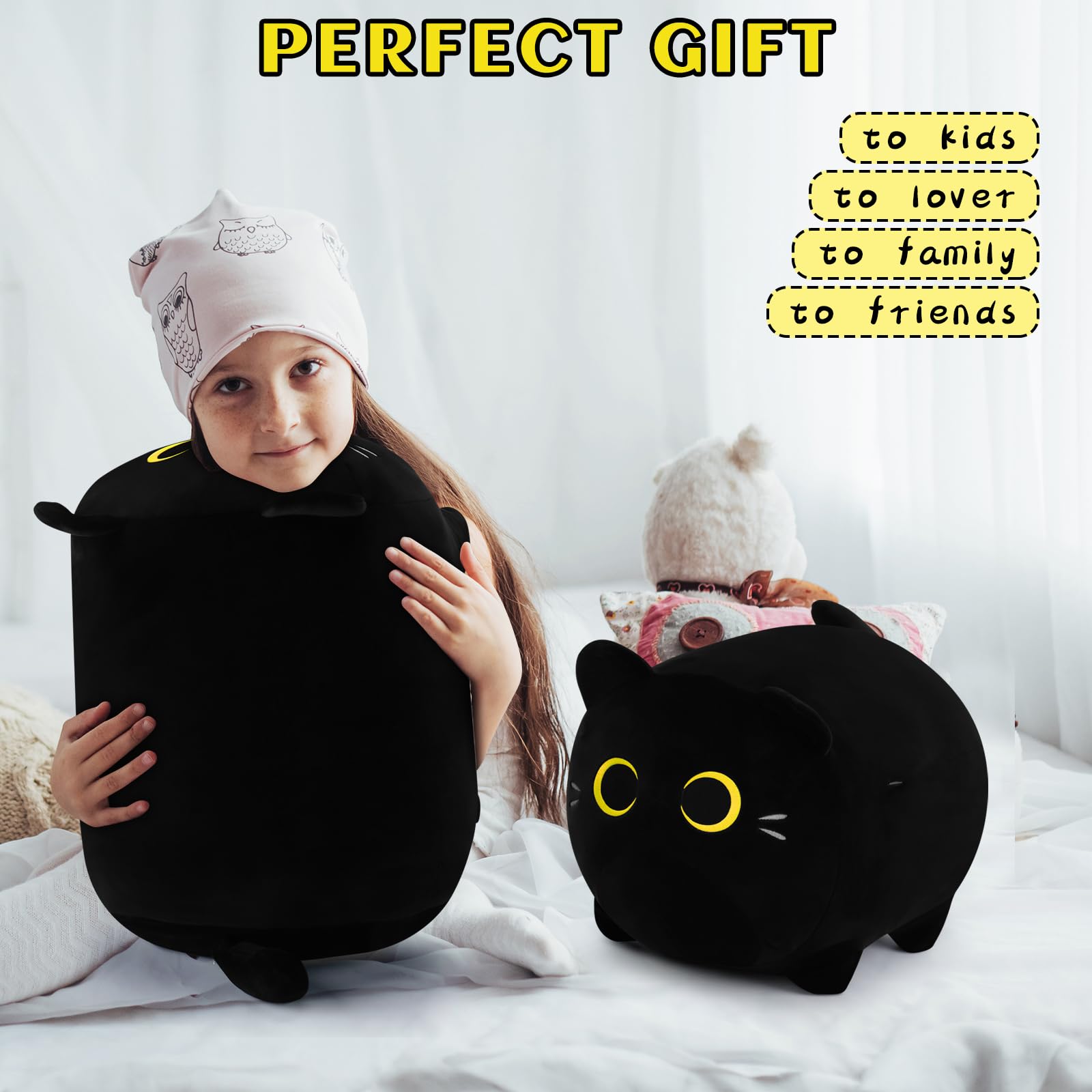 Black Cat Plush Pillows-16' Black Cat Plushies, Gold Eyes Black Cat Plush, Cat Anime Plush Cute Plush Cat Plushie Stuffed Cat S