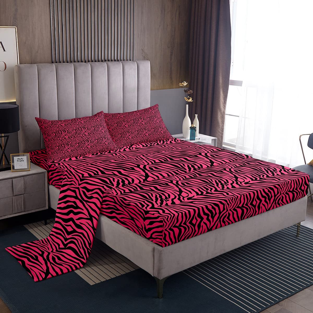 Girls Pink Black Fitted Sheet Zebra Stripes Bed Sheet Set Safari Animal Print Bedding Set For Boys Girls Kids Room Decor Zoo Ani
