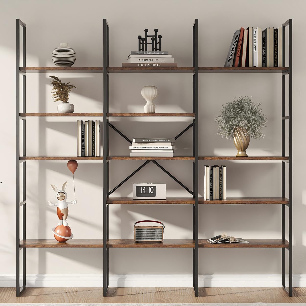 Jehiatek Large Bookshelf 5 Tiers, Triple Wide Geometric Bookcase, 71 Inches Tall Industrial Book Shelves Etagere Book Case, Stur