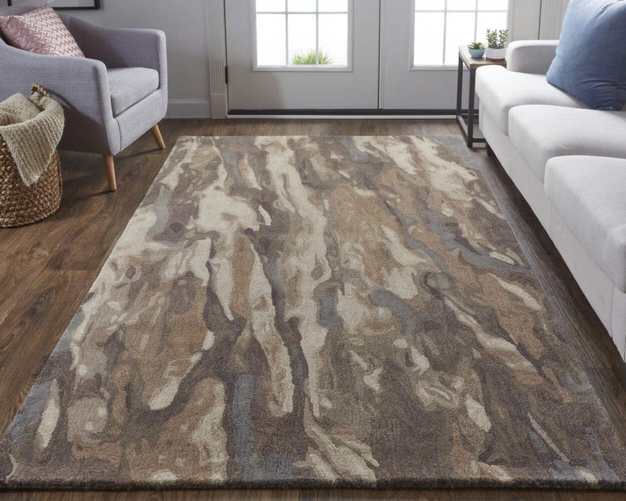 HomeRoots 512733 9 x 12 ft. Brown Gray & Tan Wool Abstract Hand Tufted Handmade Stain Resistant Rectangle Area Rug