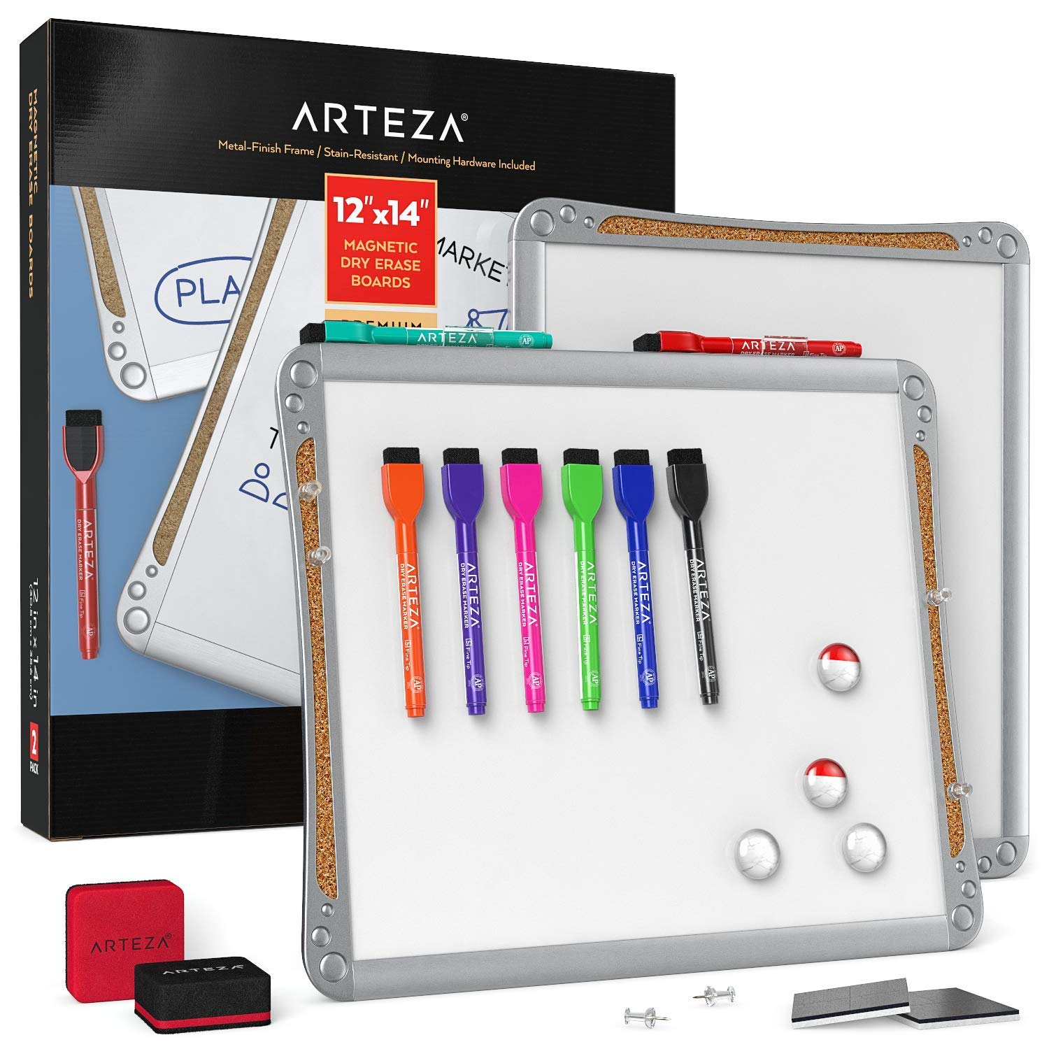 Arteza Framed Magnetic Cork Whiteboard Set, 12X14 Inches, 2-Pack Dry Erase Lap Boards With Push Pins, Markers & Magnets, Office