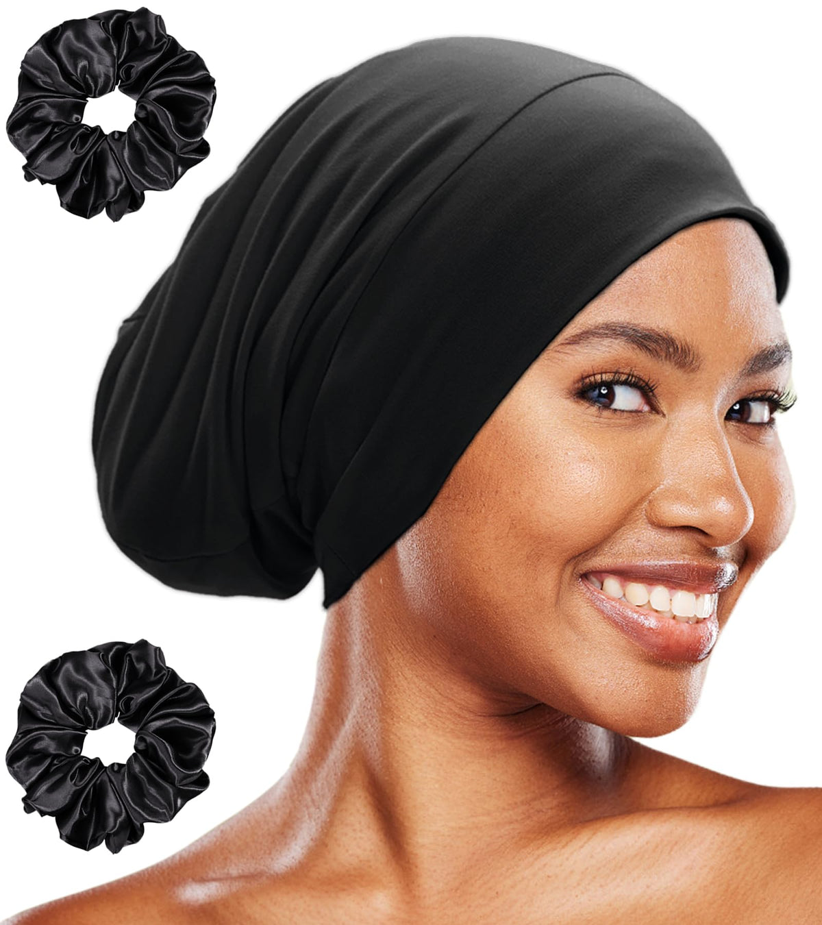 Sleep Cap Bonnet for Sleeping Black Women, Adjustable Cooling Ice Silk Lined Bonnet for Curly Braids Hair Cover Stay on All Nigh