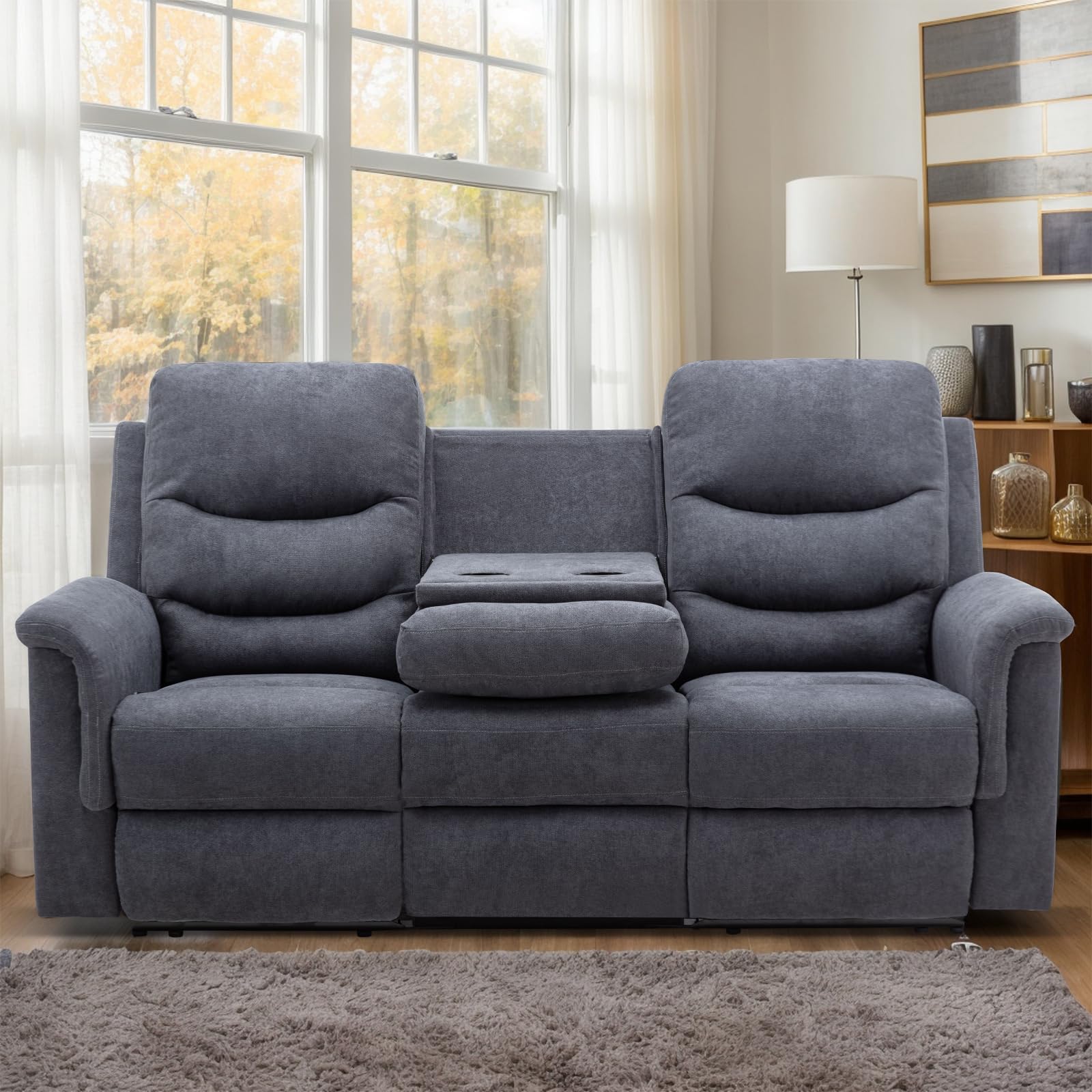 Consofa Reclining Sofa, Recliner Sofa 3 Seater With Flipped Middle Backrest, 2 Cup Holders, Manual Wall Hugger Recliner Couch Ho
