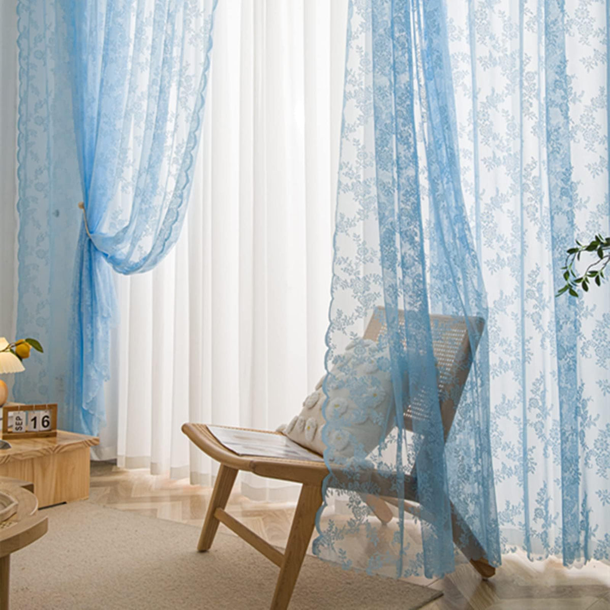 Deeprove Blue Lace Sheer Curtains 96 inches Long 2 Panels Set, Rose Florals Embroidery Privacy Window Treatment Pair Drapes forS