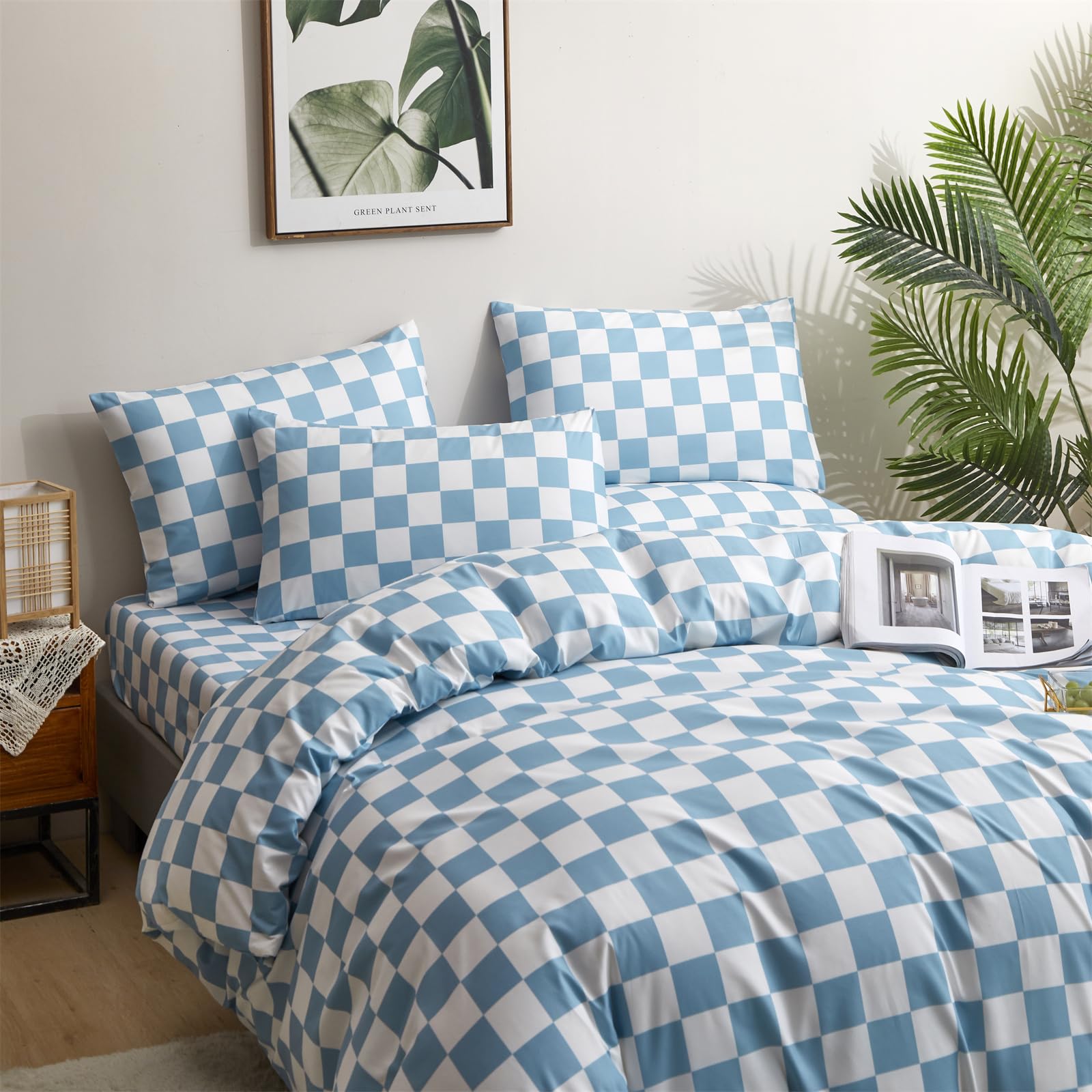 Clothknow Blue Plaid Queen Comforter Set 3Pcs Light Blue White Bedding Comforter Sets Grid Comforter Queen Checker Comforter Soft Boffalo Queen Size Comforter Sets