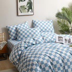 Clothknow Blue Plaid Full Comforter Set 3Pcs Blue White Bedding Comforter Sets Checker Comforter Full Soft Blue White Grid Full Size Comforter Sets