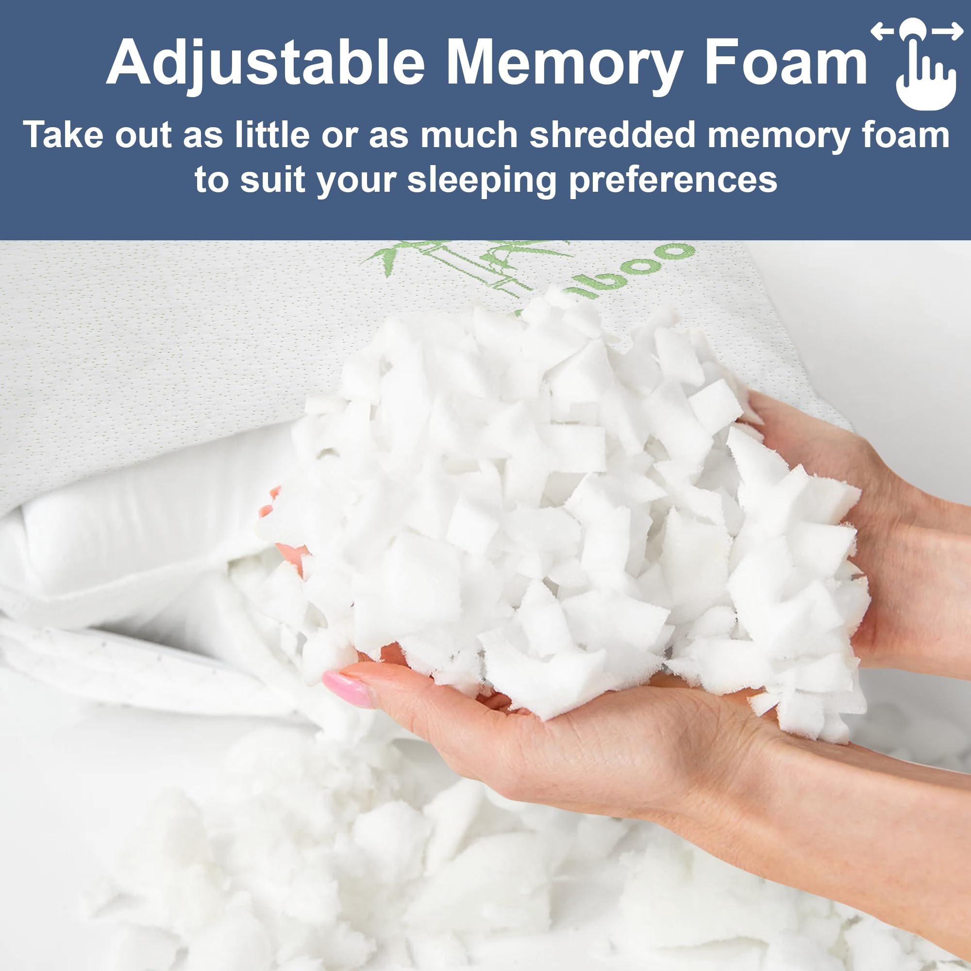 Memory Foam Bamboo Pillows King Size Set Of 2 [Adjustable] For Sleeping - Cool & Breathable Cover With Zipper Rayon Derived From