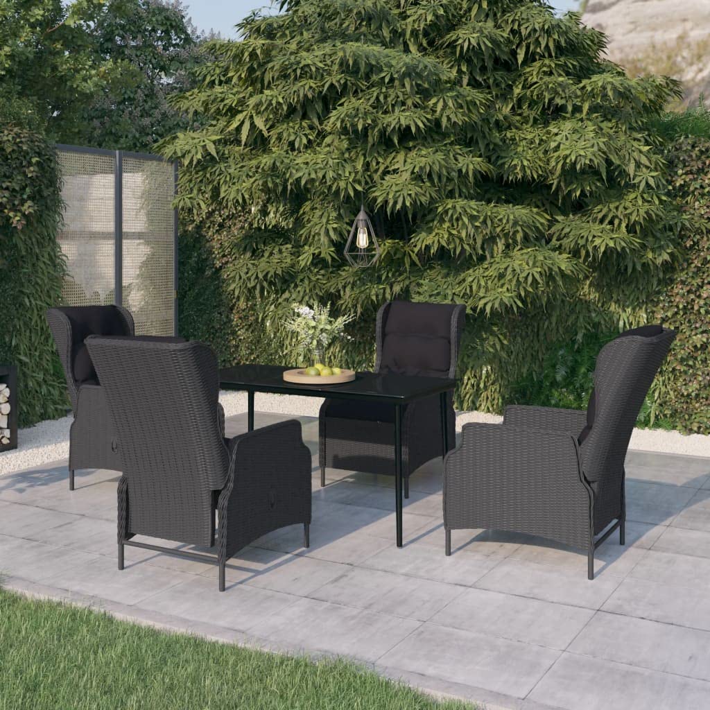 vidaXL 7 Piece Outdoor Dining Set with Adjustable Reclining Chairs - Dark Gray PE Rattan Patio Furniture Set with Cushioned Seats and Glass Top Table