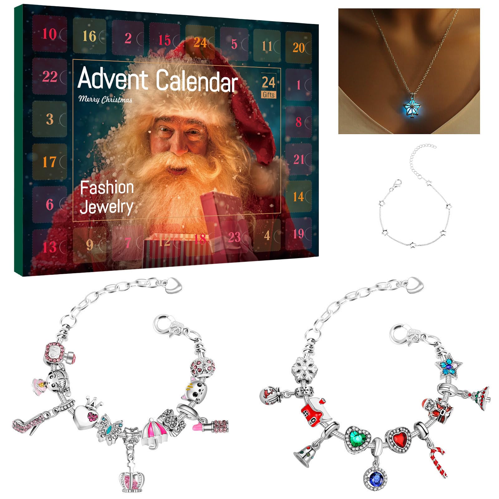 Advent Calendar 2023, Advent Calendar Jewelry for Girl, Christmas Advent Calendar Jewelry with 3 Adjustable Bracelet 1 Luminous 
