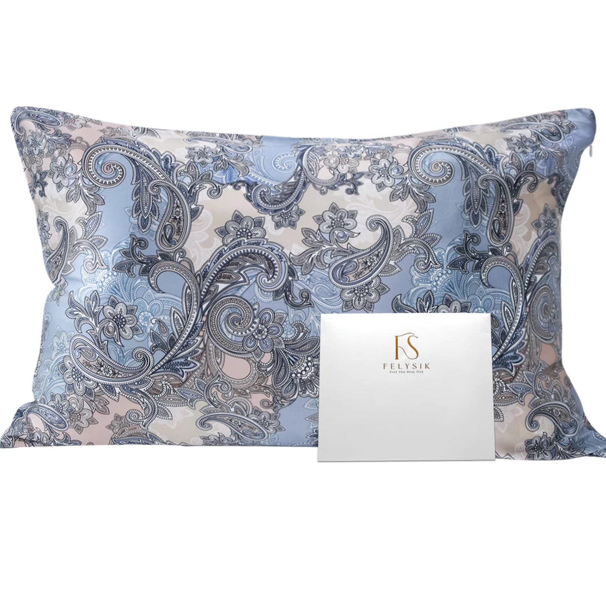 Felysik King Blue Gray Paisley Silk Pillowcase For Hair And Skin, 22 Momme 100% Mulberry Silk Floral Print Pillow Cases With Zip