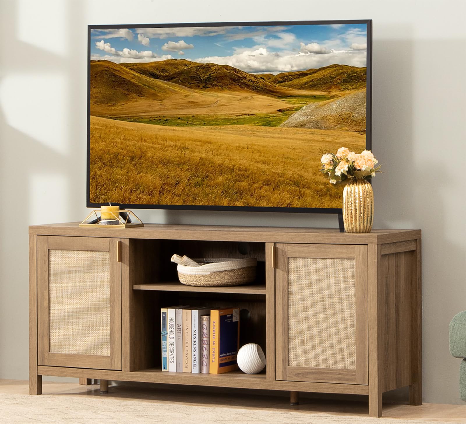 Sicotas Tv Stand For Living Room : Rattan Tv Console Cabinet With Storage And Shelf, Boho Entertainment Center, 59' Media Console For 55, 65 Inch Tv, 26' Tall Television Stands, Oak