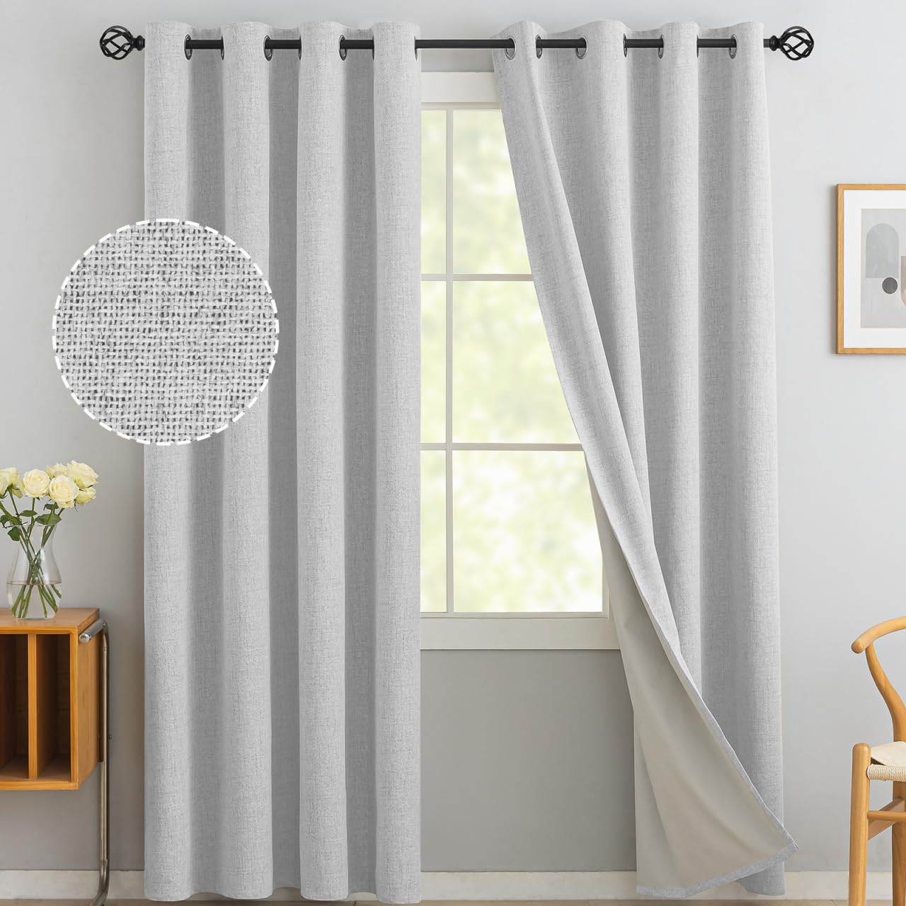 Yakamok White Linen Curtains 100% Blackout 96 Inches Long,Room Darkening Textured Curtains For Living Room Thermal Grommet Bedro