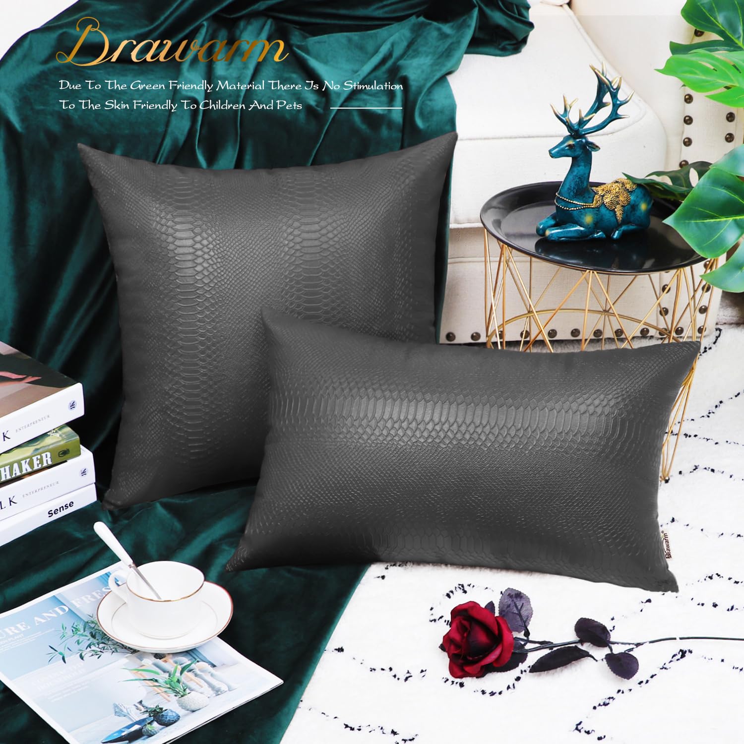 Brawarm Charcoal Gray Leather Throw Pillows 16 X 16 Inches, Snake Leather Pillow Covers Pack Of 2, Faux Leather Decorative Pillo