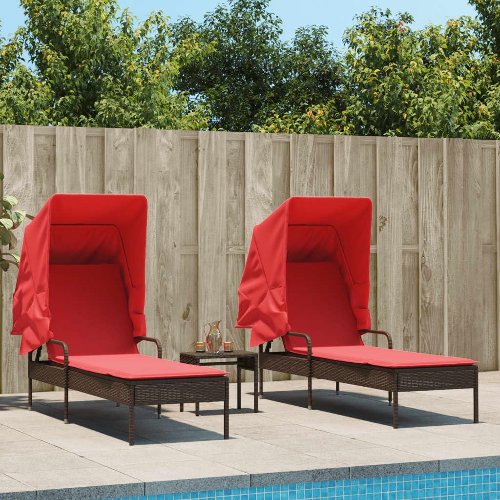 vidaXL Sun Loungers with Canopies and Table - Adjustable PE Rattan Patio Furniture Set - Brown/Red, Outdoor Lounges/Seats